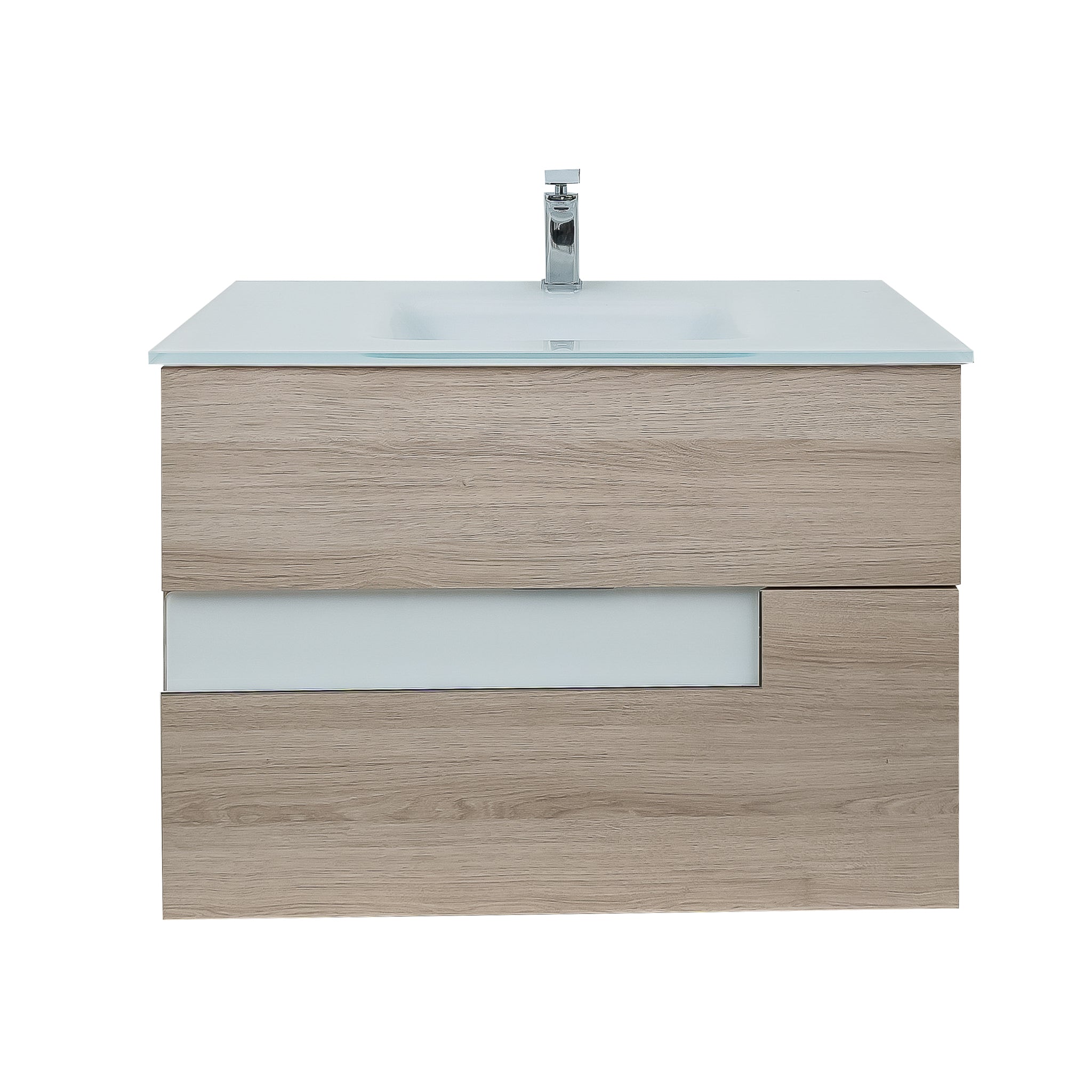 Vision 35.5 Natural Light Wood Cabinet, White Tempered Glass Sink, Wall Mounted Modern Vanity Set