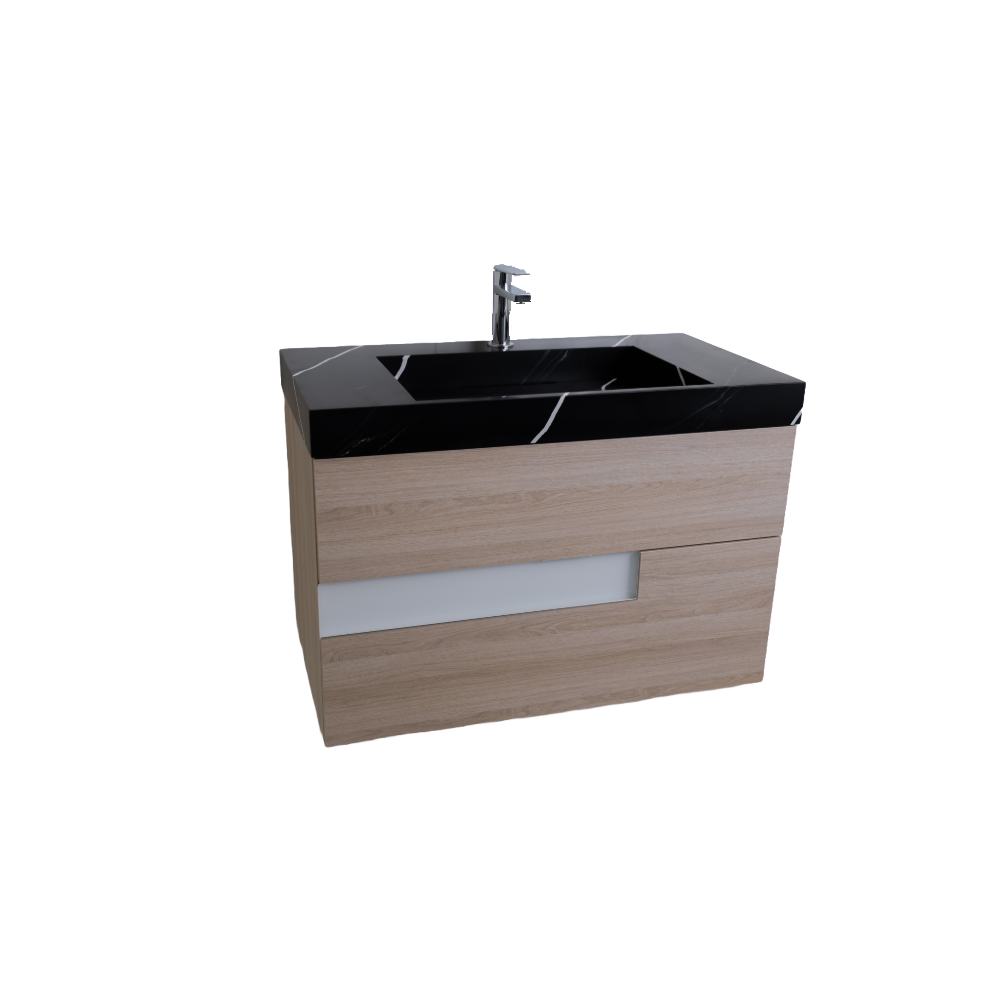 Vision 39.5 Natural Light Wood Cabinet, Solid Surface Matte Black Carrara Infinity Sink, Wall Mounted Modern Vanity Set