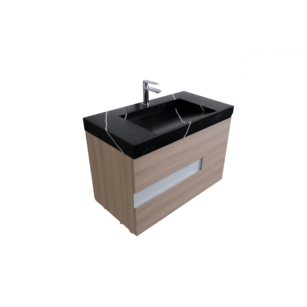 Vision 39.5 Natural Light Wood Cabinet, Solid Surface Matte Black Carrara Infinity Sink, Wall Mounted Modern Vanity Set