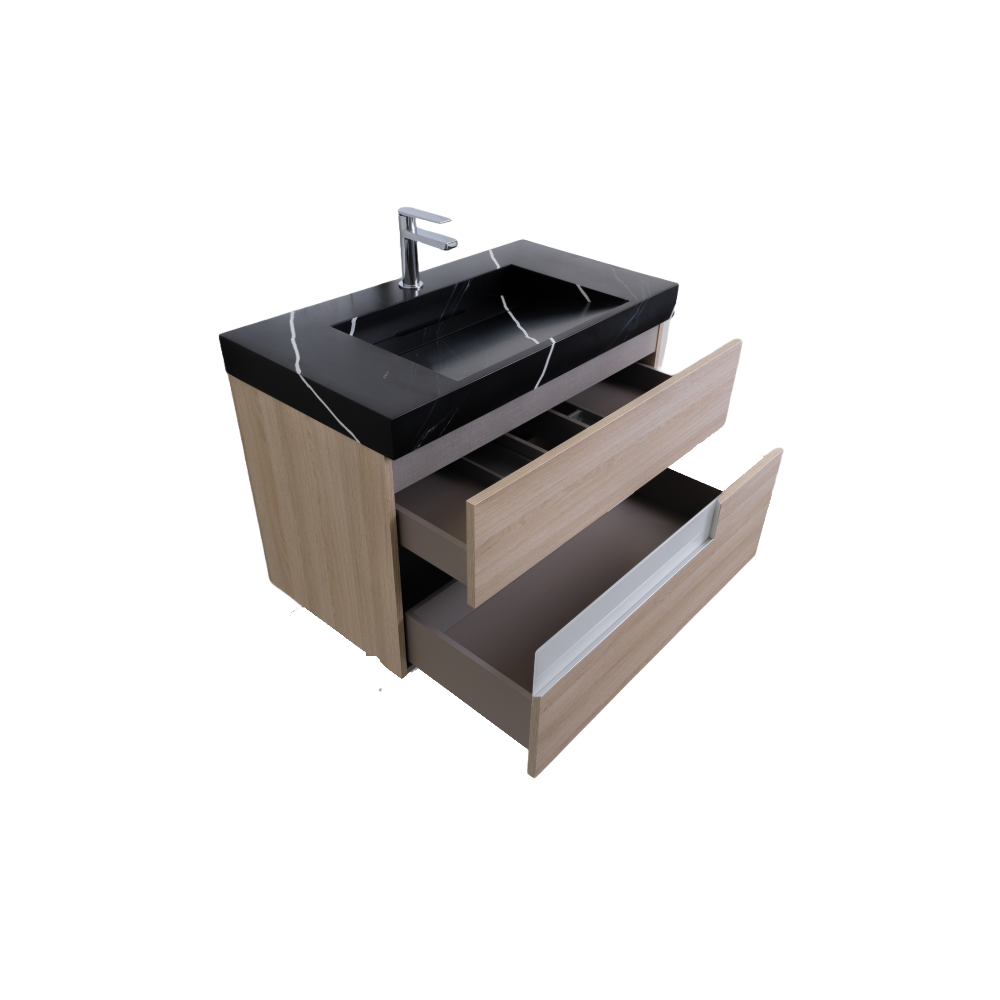 Vision 39.5 Natural Light Wood Cabinet, Solid Surface Matte Black Carrara Infinity Sink, Wall Mounted Modern Vanity Set
