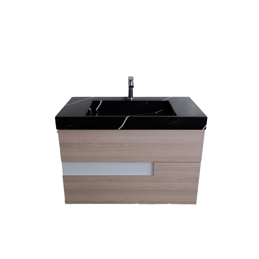 Vision 39.5 Natural Light Wood Cabinet, Solid Surface Matte Black Carrara Infinity Sink, Wall Mounted Modern Vanity Set