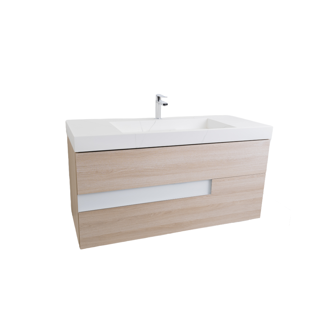 Vision 47.5 Natural Light Wood Cabinet, Solid Surface Matte White Top Carrara Infinity Sink, Wall Mounted Modern Vanity Set