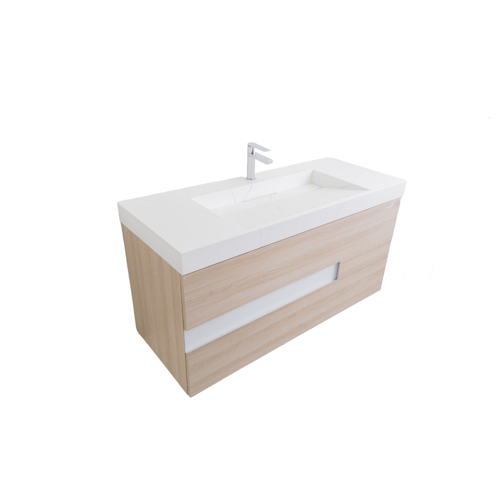 Vision 47.5 Natural Light Wood Cabinet, Solid Surface Matte White Top Carrara Infinity Sink, Wall Mounted Modern Vanity Set
