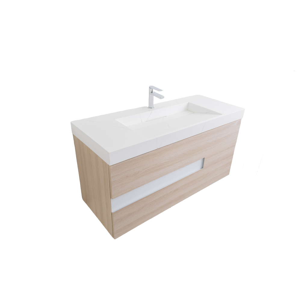 Vision 47.5 Natural Light Wood Cabinet, Solid Surface Matte White Top Carrara Infinity Sink, Wall Mounted Modern Vanity Set Bath Trends USA