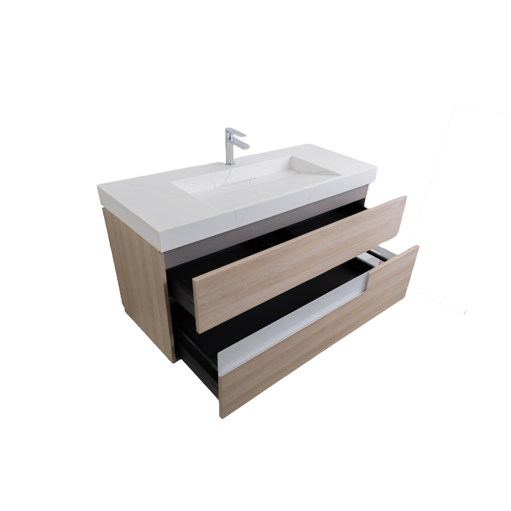 Vision 47.5 Natural Light Wood Cabinet, Solid Surface Matte White Top Carrara Infinity Sink, Wall Mounted Modern Vanity Set