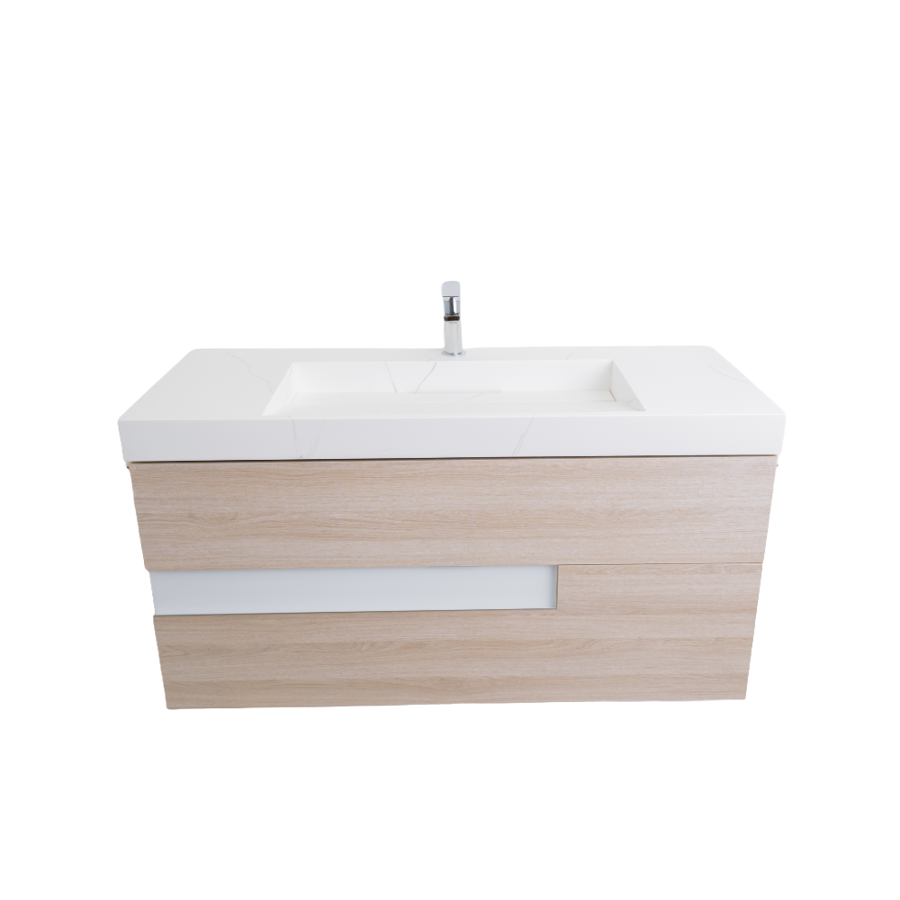 Vision 47.5 Natural Light Wood Cabinet, Solid Surface Matte White Top Carrara Infinity Sink, Wall Mounted Modern Vanity Set