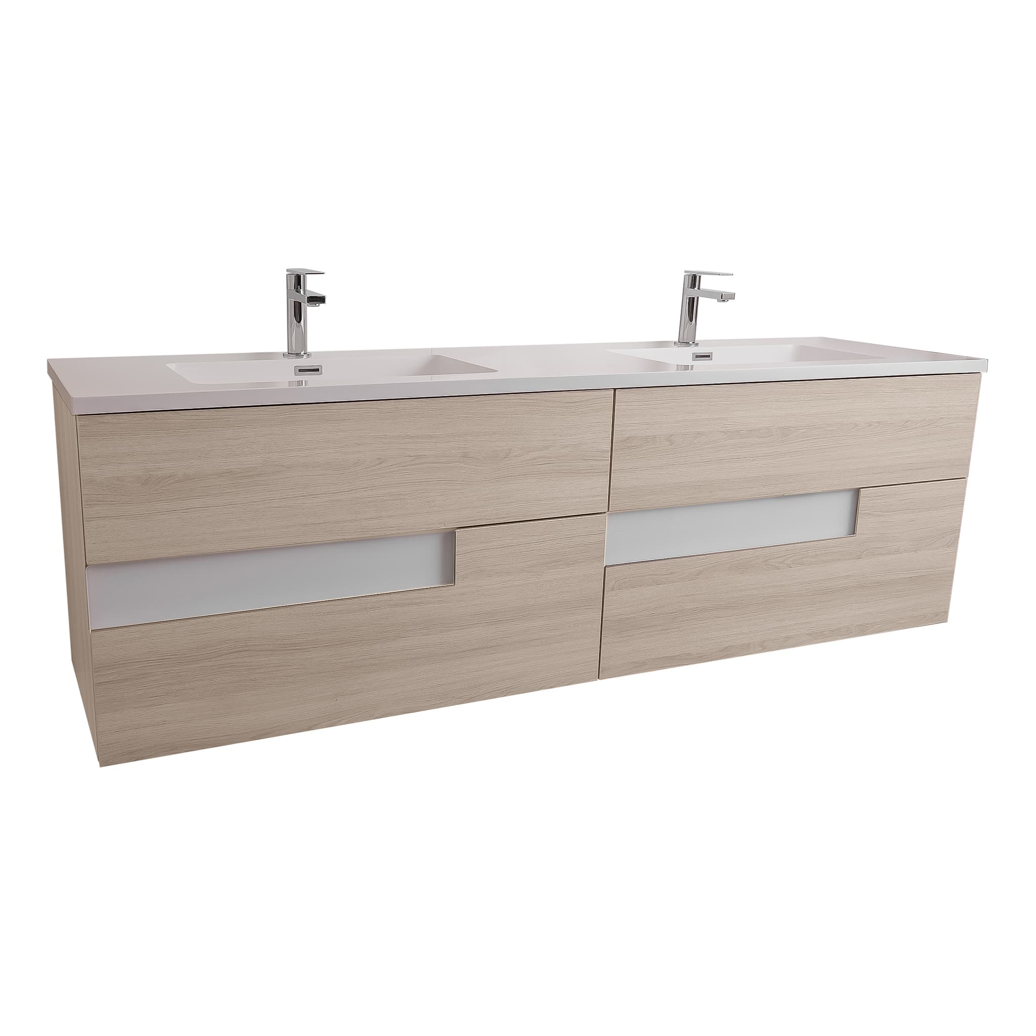 Vision 72 Natural Light Wood Cabinet, Square Cultured Marble Double Sink, Wall Mounted Modern Vanity Set