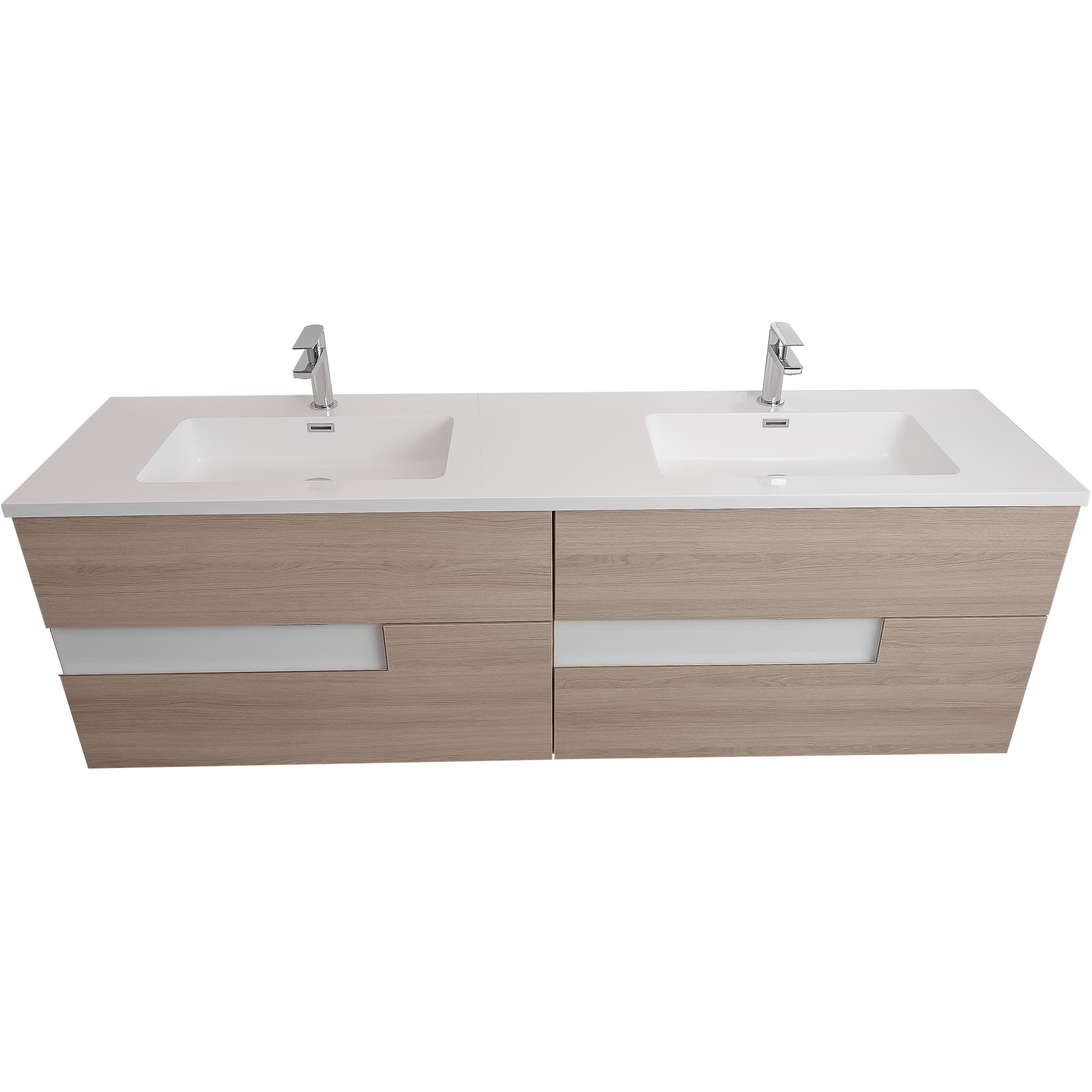 Vision 72 Natural Light Wood Cabinet, Square Cultured Marble Double Sink, Wall Mounted Modern Vanity Set