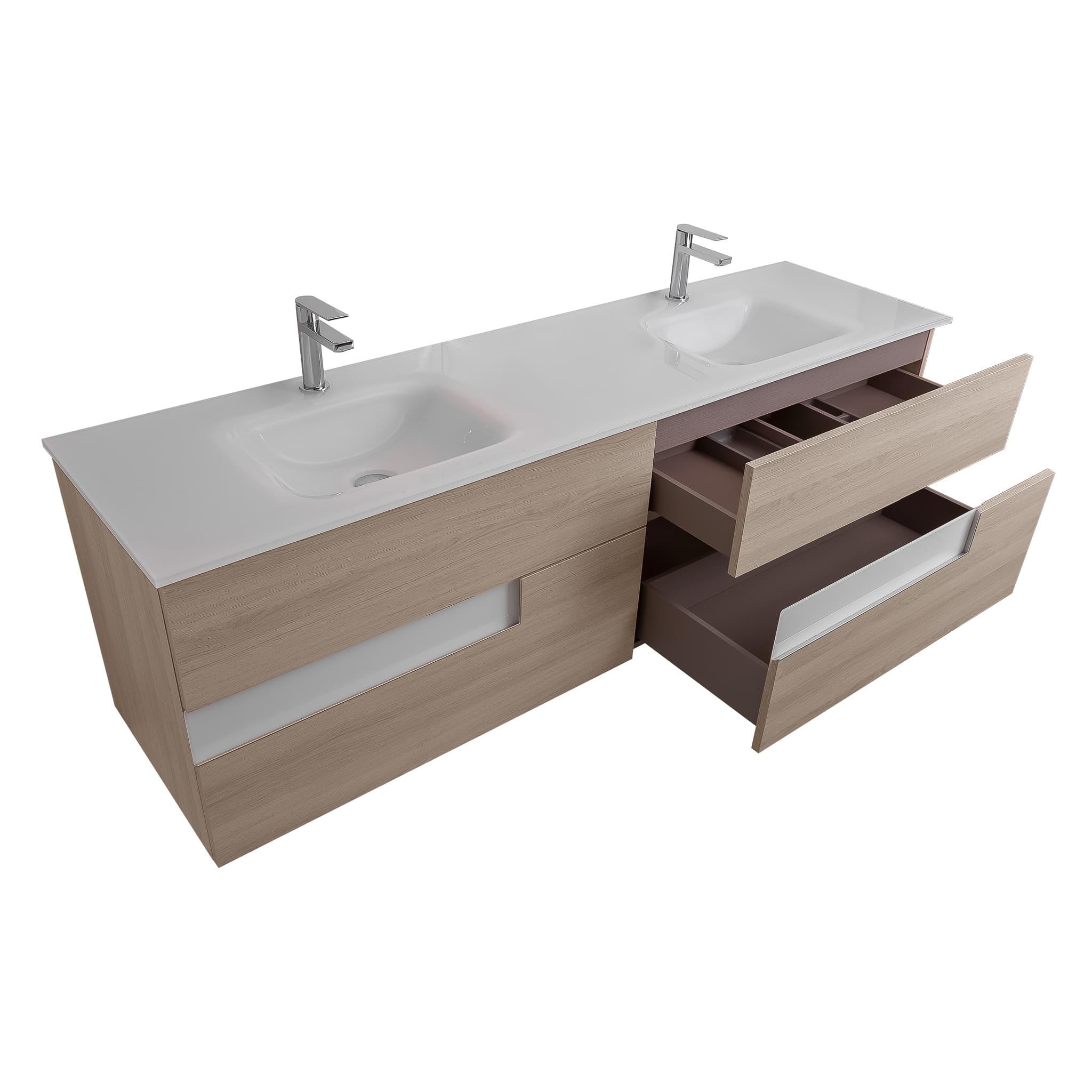 Vision 72 Natural Light  Wood Cabinet, White Tempered Glass Double Sink, Wall Mounted Modern Vanity Set