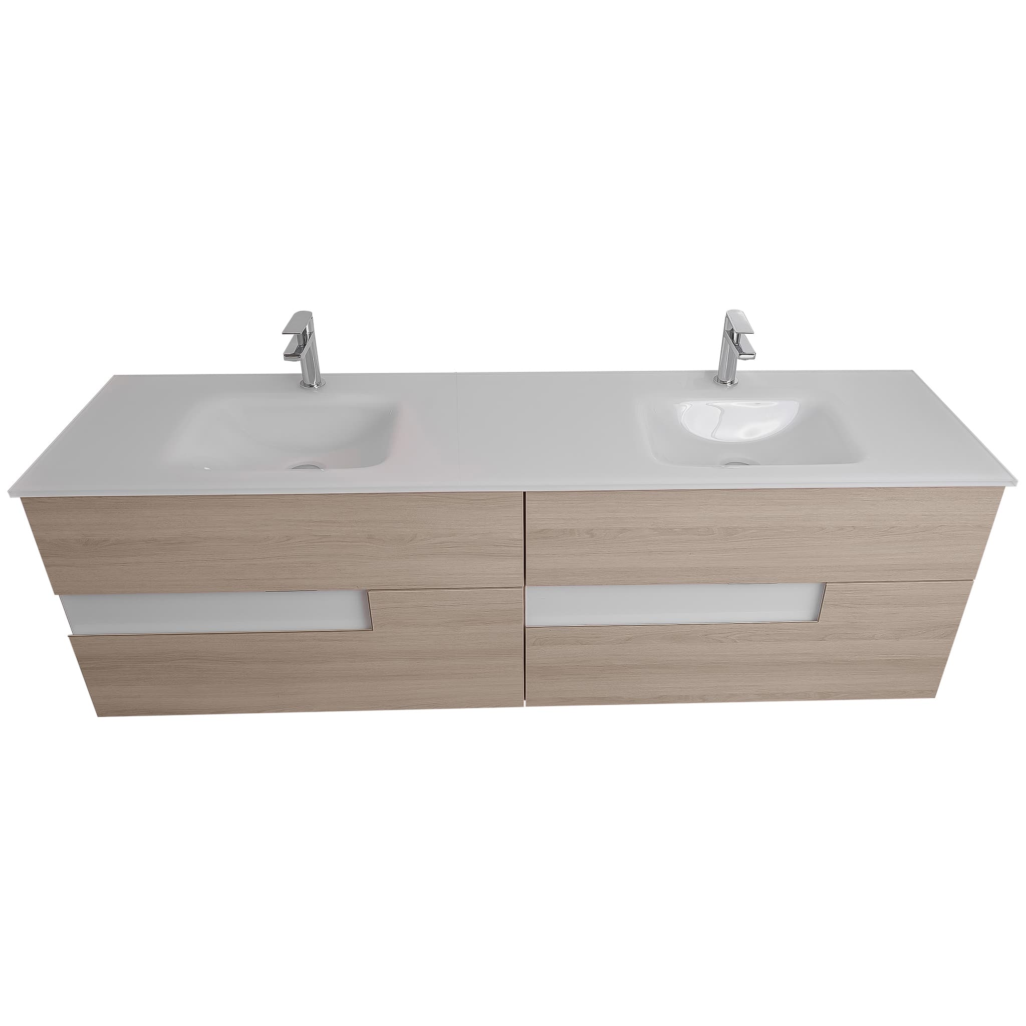 Vision 72 Natural Light  Wood Cabinet, White Tempered Glass Double Sink, Wall Mounted Modern Vanity Set