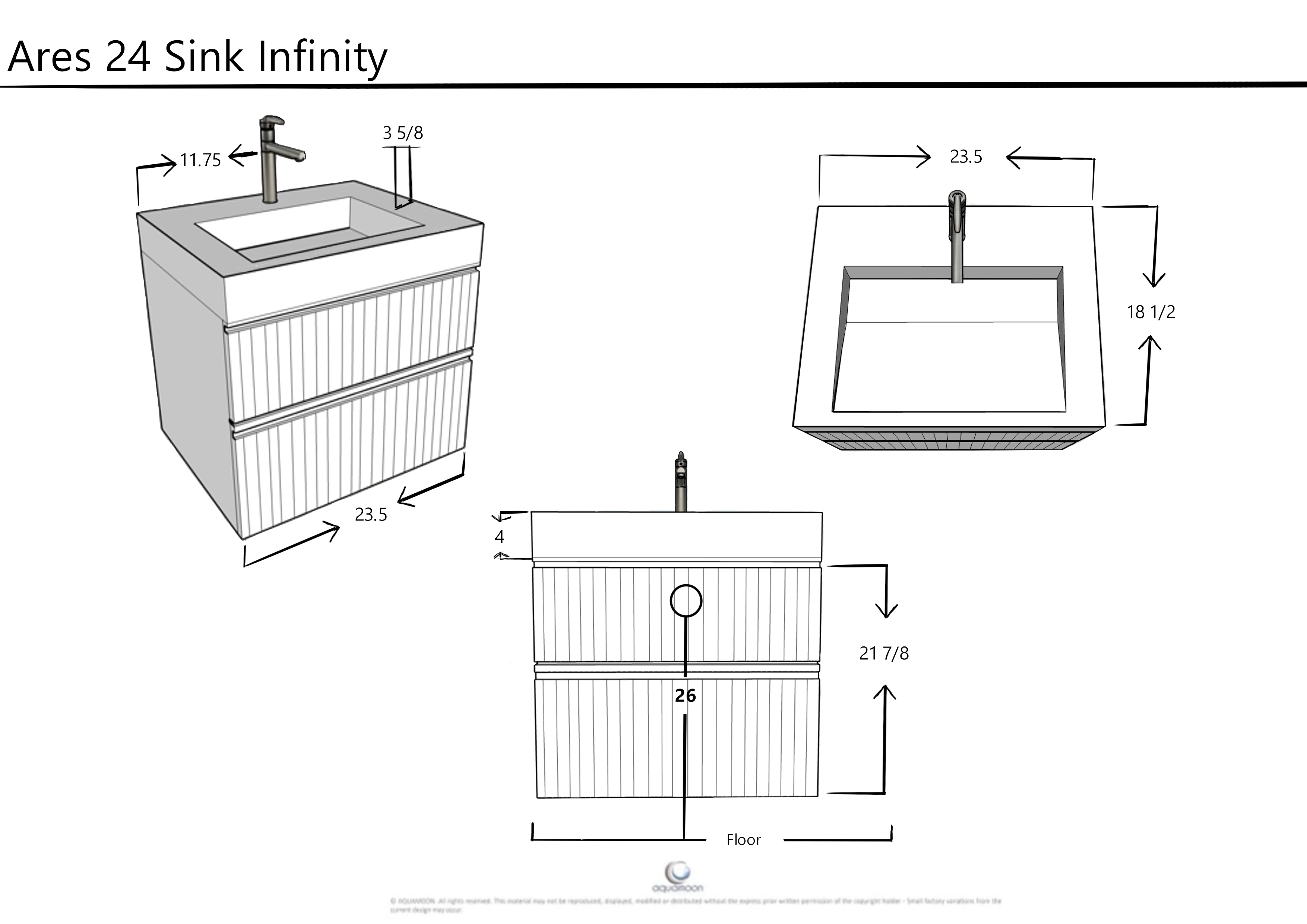 Ares 23.5 Matte Grey Cabinet, Infinity Cultured Marble Sink, Wall Mounted Modern Vanity Set