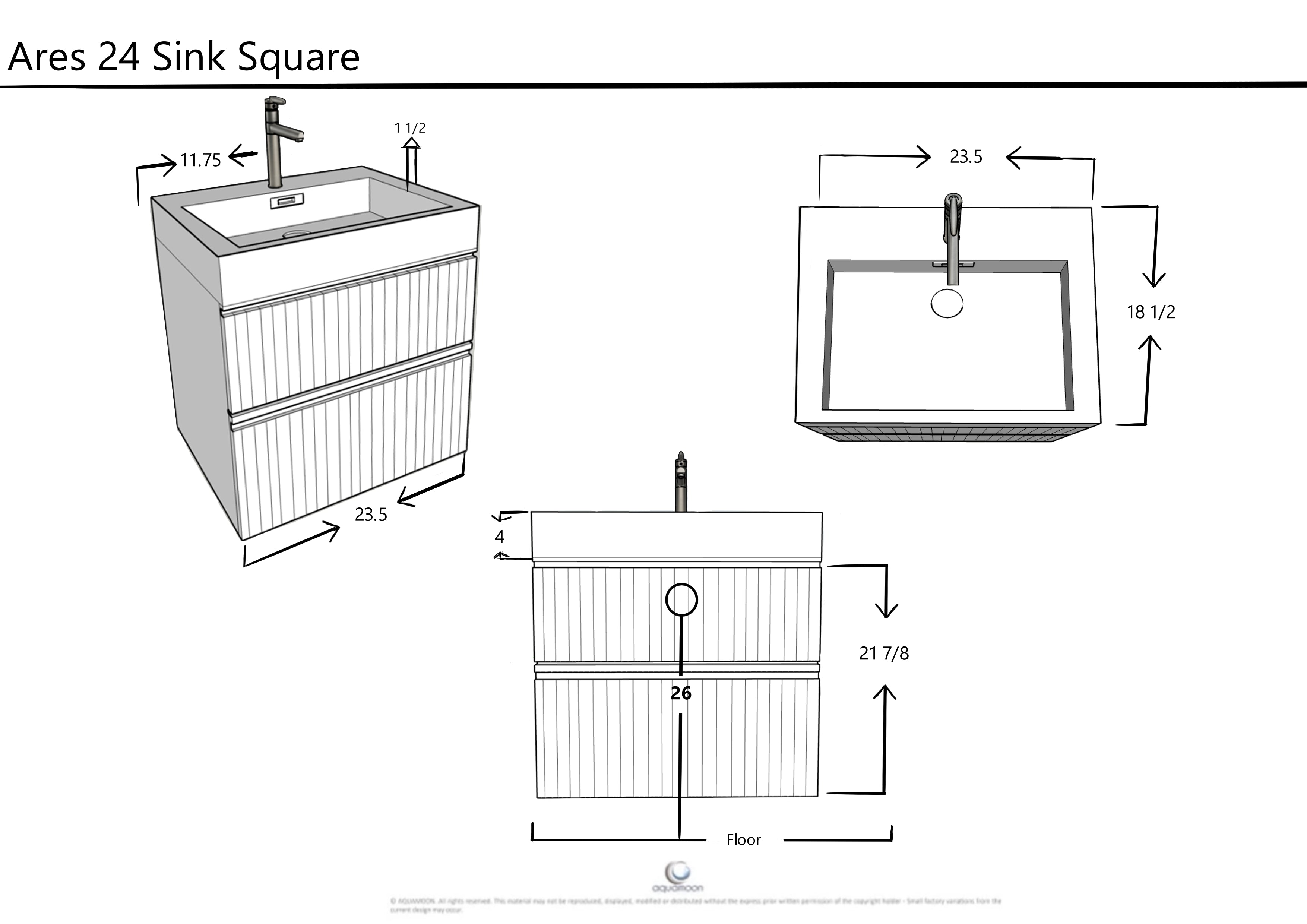 Ares 23.5 Matte Grey Cabinet, Square Cultured Marble Sink, Wall Mounted Modern Vanity Set