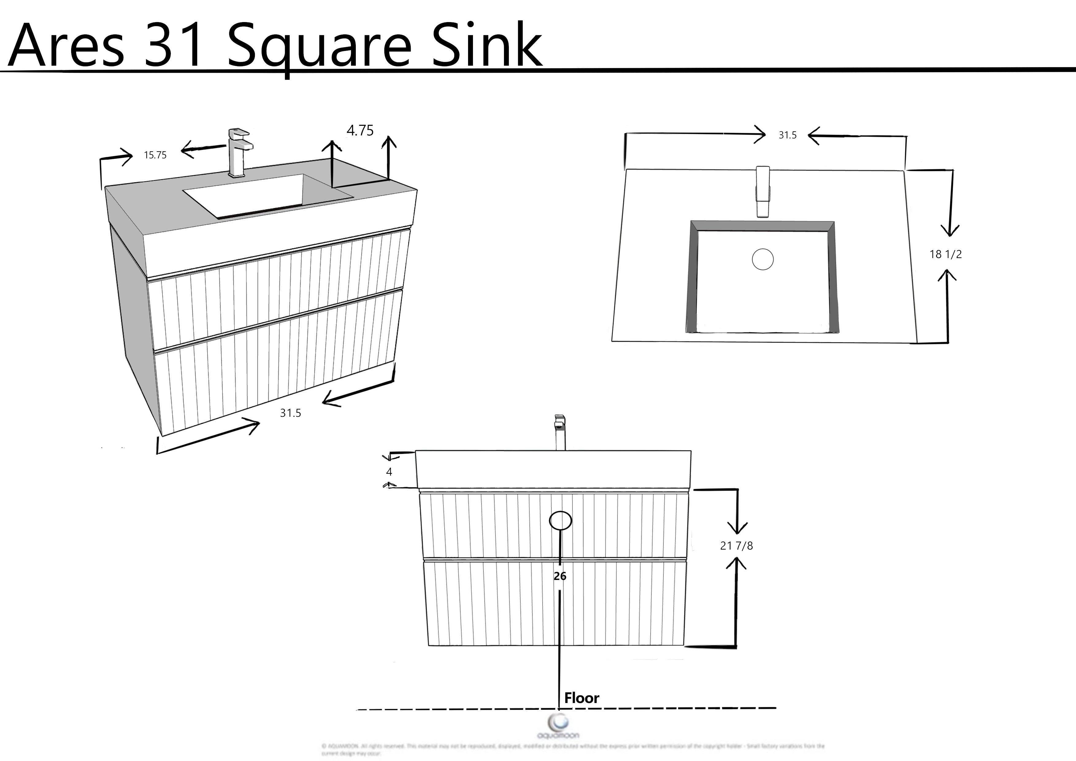 Ares 31.5 Matte Grey Cabinet, Square Cultured Marble Sink, Wall Mounted Modern Vanity Set