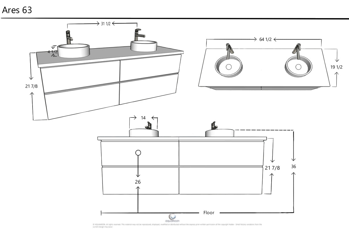 Ares 63 Matte Navy Blue Cabinet, Solid Surface Flat Grey Counter And Two Round Solid Surface Grey Basin 1386, Wall Mounted Modern Vanity Set