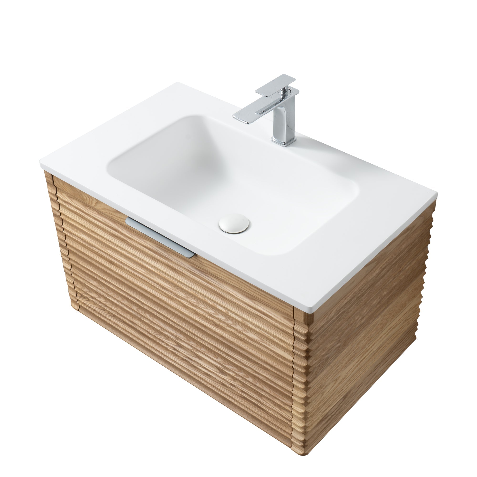 Capri 23.5 Natural Oak Cabinet, Solid Surface Sink, Wall Mounted Modern Vanity Set