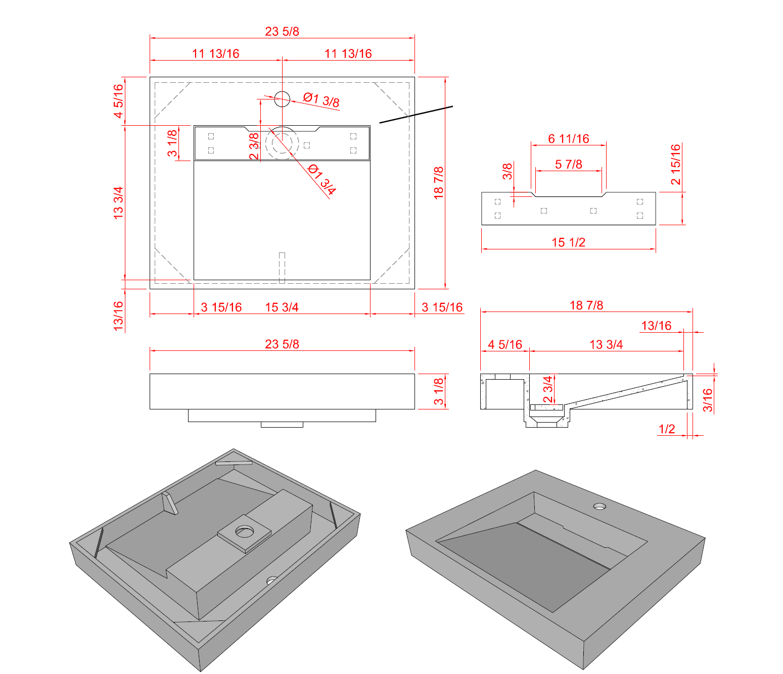 Ares 23.5 Matte Grey Cabinet, Solid Surface Matte Black Carrara Infinity Sink, Wall Mounted Modern Vanity Set