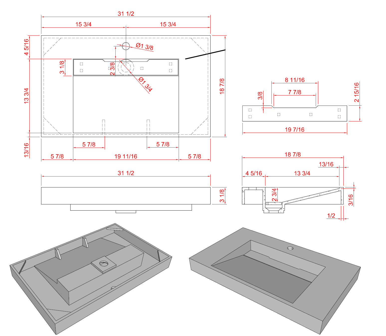 Ares 31.5 Matte Grey Cabinet, Solid Surface Matte Black Carrara Infinity Sink, Wall Mounted Modern Vanity Set