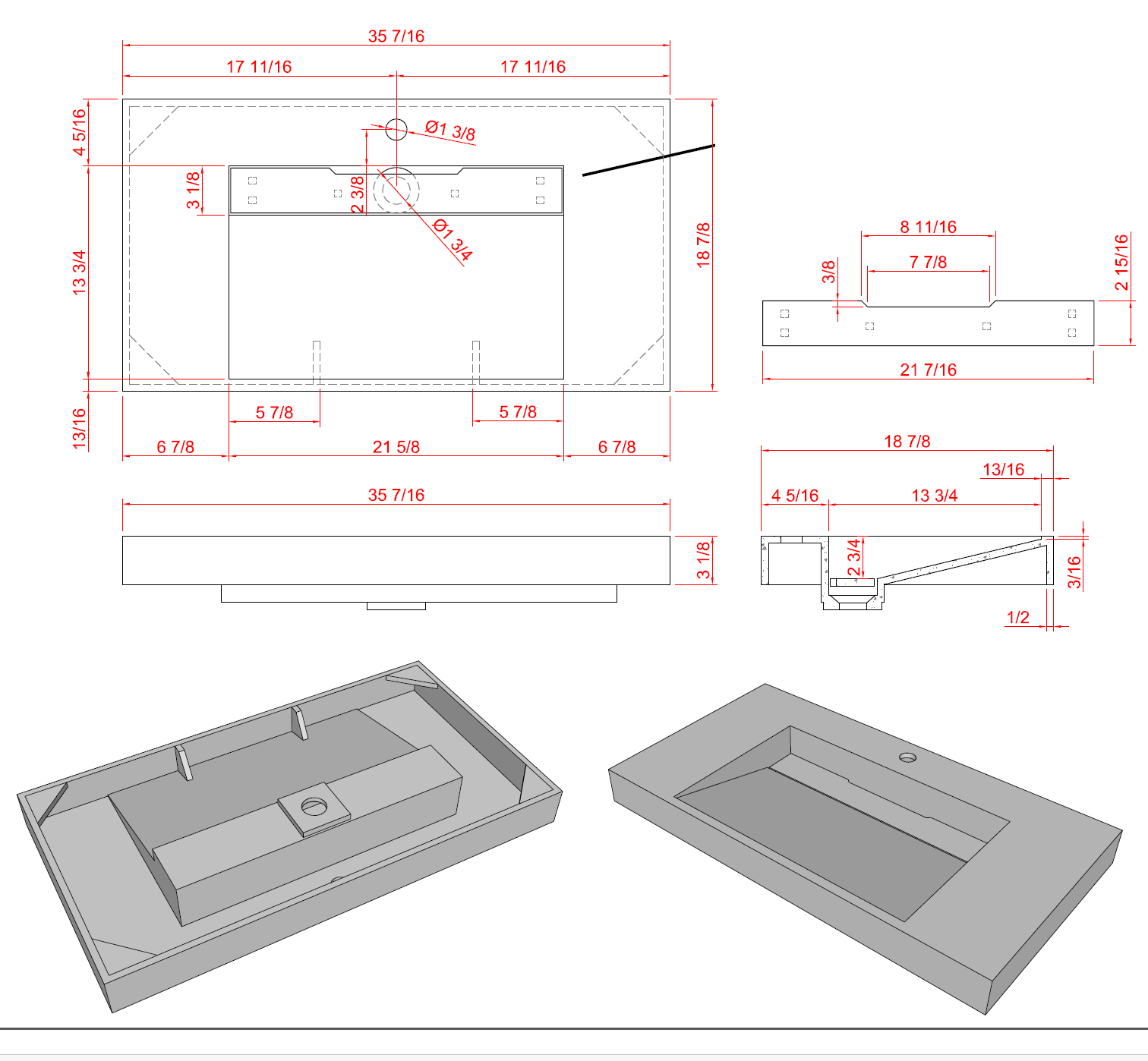 Ares 35.5 Matte Grey Cabinet, Solid Surface Matte White Top Carrara Infinity Sink, Wall Mounted Modern Vanity Set