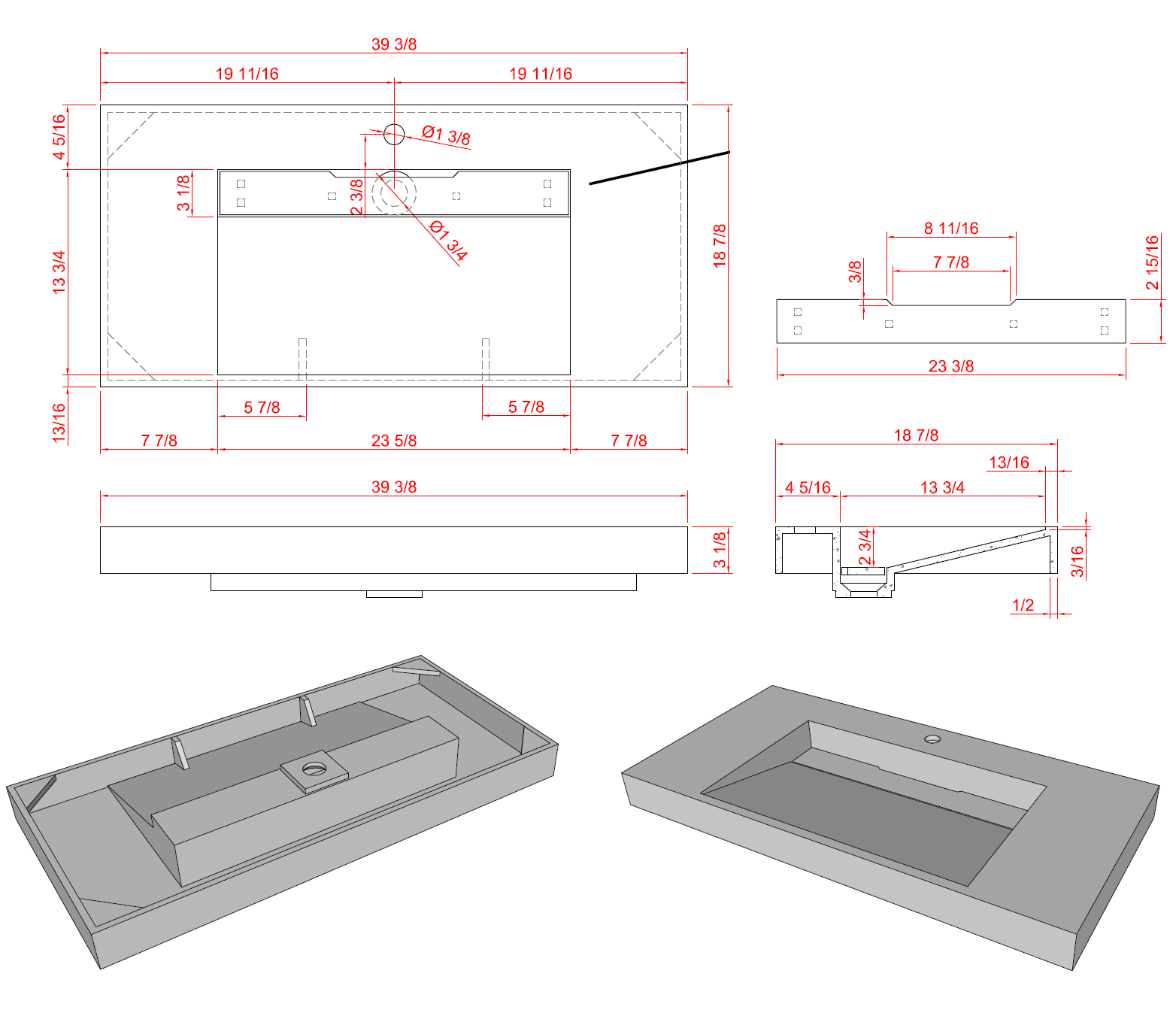 Ares 39.5 Matte Grey Cabinet, Solid Surface Matte Black Carrara Infinity Sink, Wall Mounted Modern Vanity Set