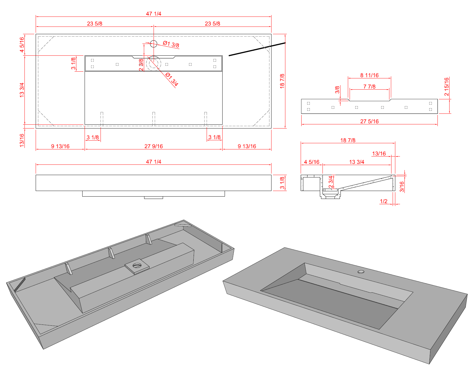 Ares 47.5 Matte Grey Cabinet, Solid Surface Matte White Top Carrara Infinity Sink, Wall Mounted Modern Vanity Set