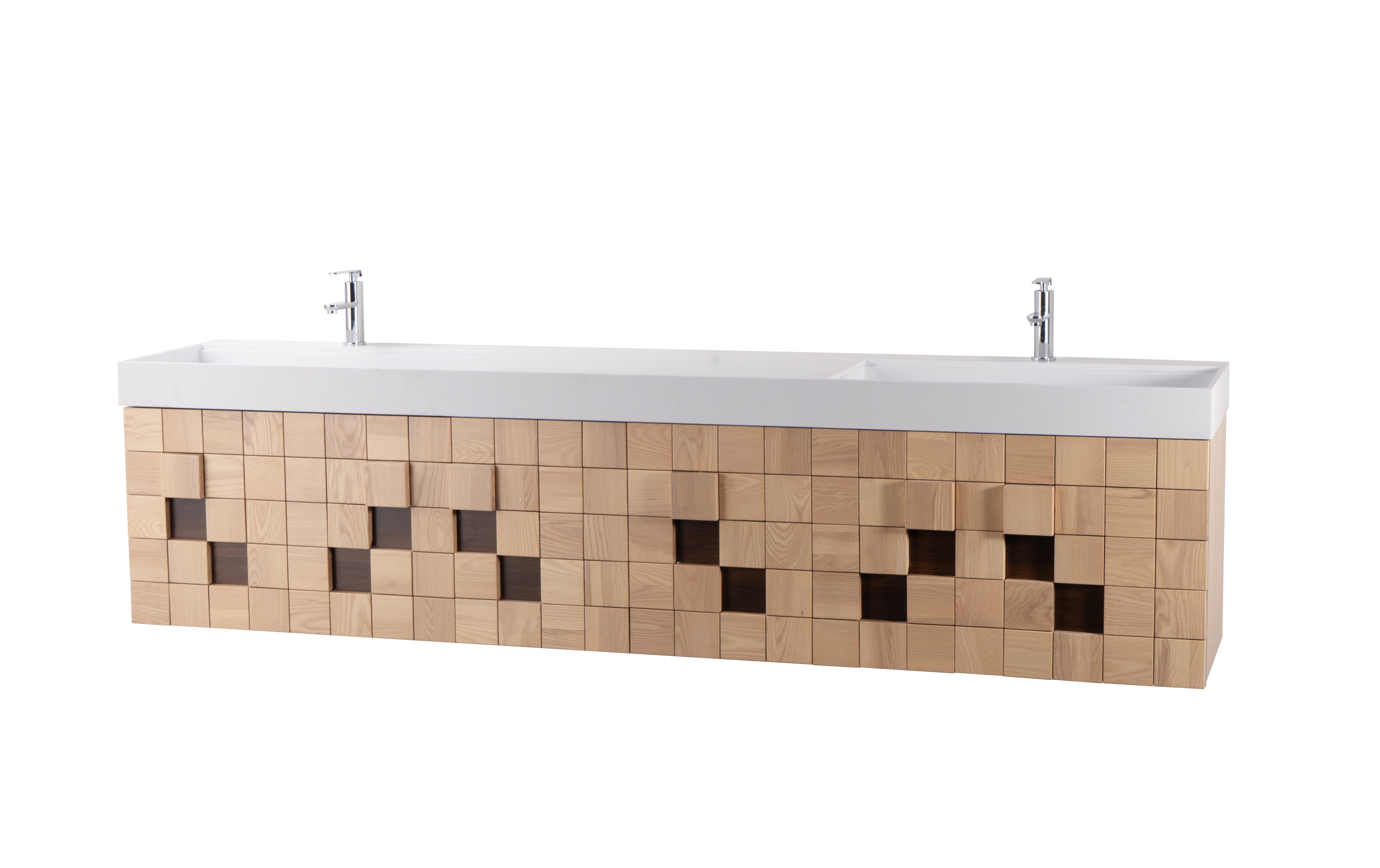 Darko 96 Double Natural Oak Cabinet, Solid Surface ORUS Sink, Wall Mounted Modern Vanity Set 