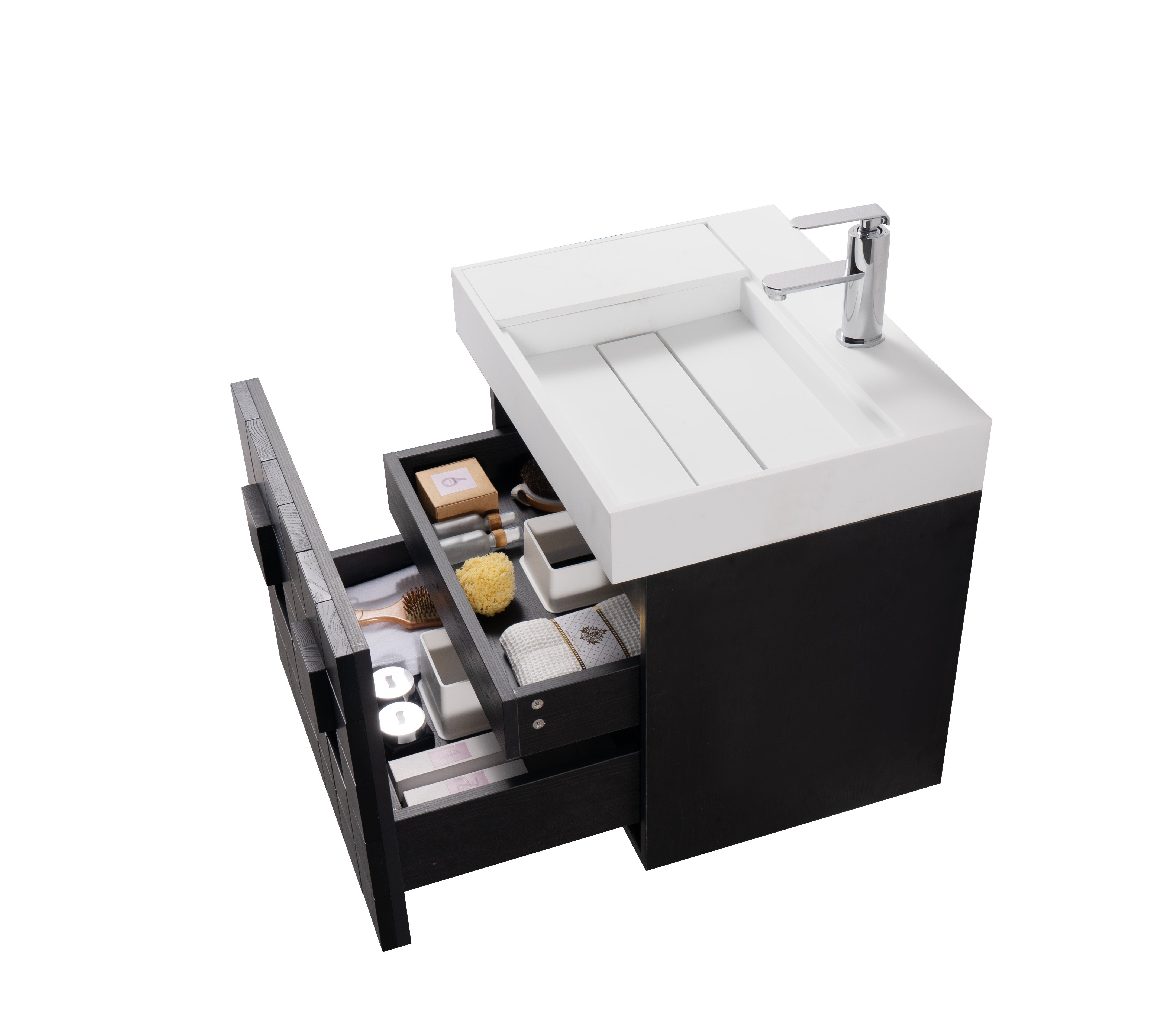 Darko 23.5 Single Dark Oak Cabinet, Solid Surface ORUS Sink, Wall Mounted Modern Vanity Set 