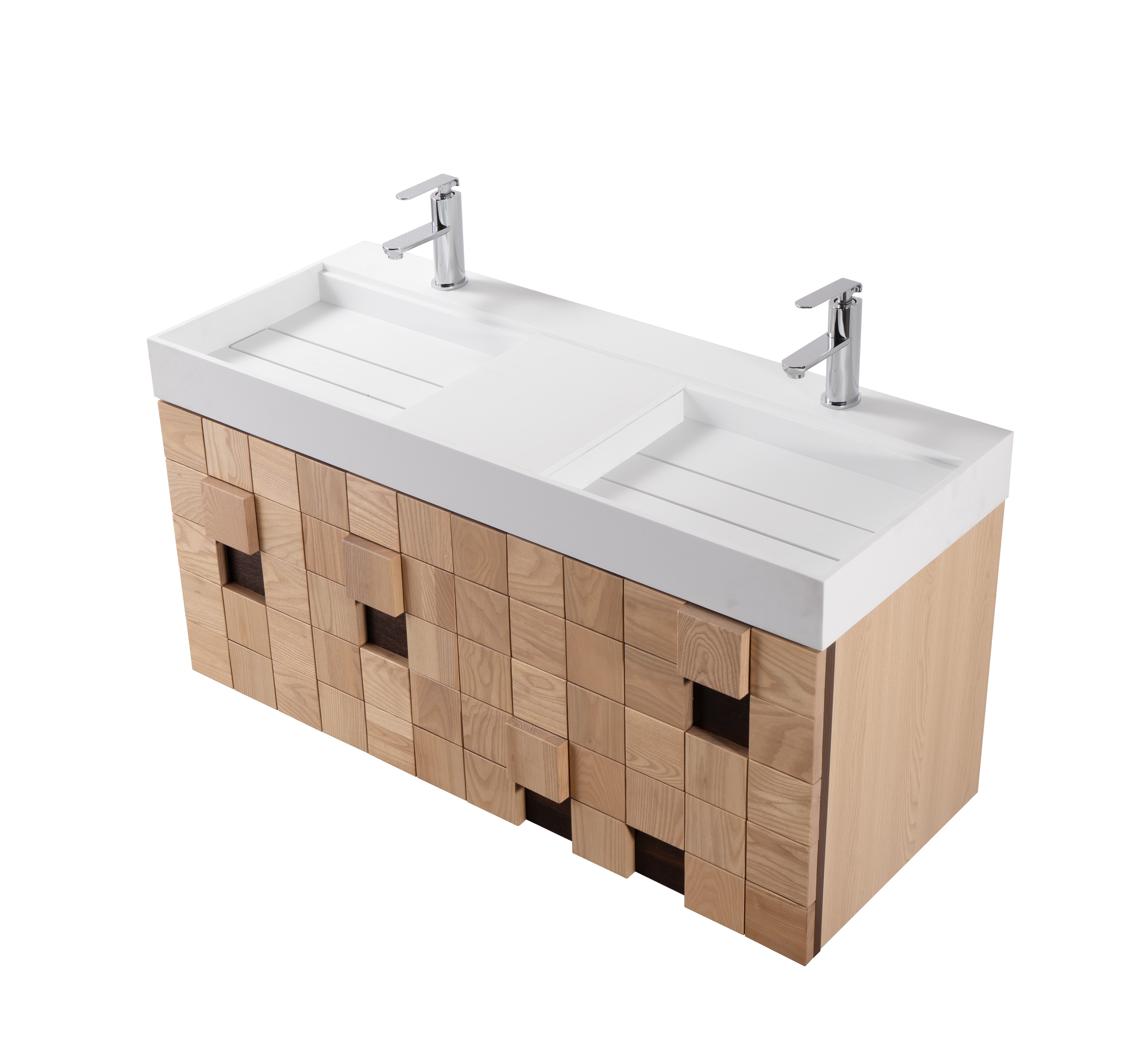 Darko 47.5 Double Natural Oak Cabinet, Solid Surface ORUS Sink, Wall Mounted Modern Vanity Set 