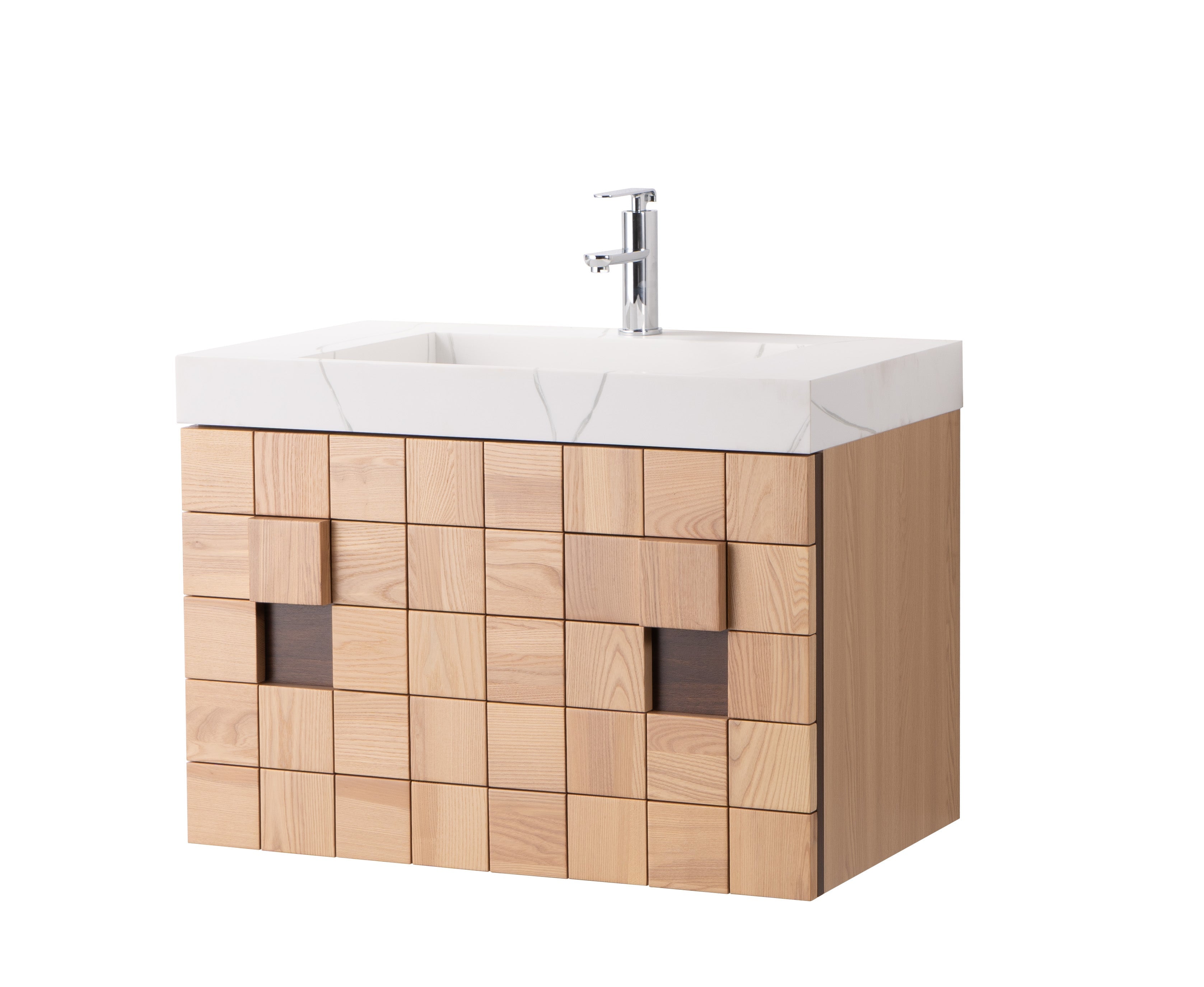Darko 31.5 Single Natural Oak Cabinet, Solid Surface Carrara Infinity Sink, Wall Mounted Modern Vanity Set 