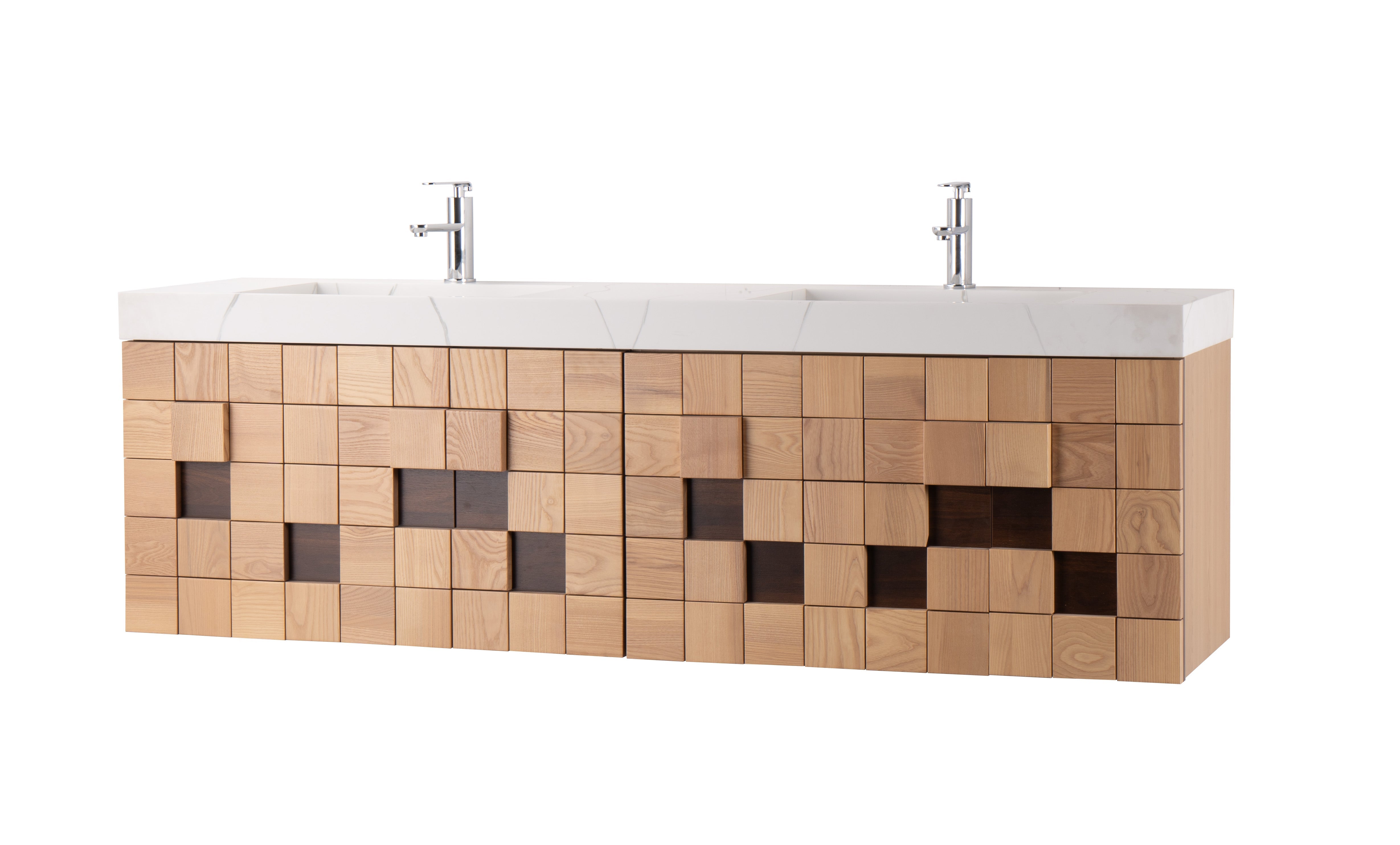 Darko 72 Double Natural Oak Cabinet, Solid Surface ORUS Sink, Wall Mounted Modern Vanity Set 