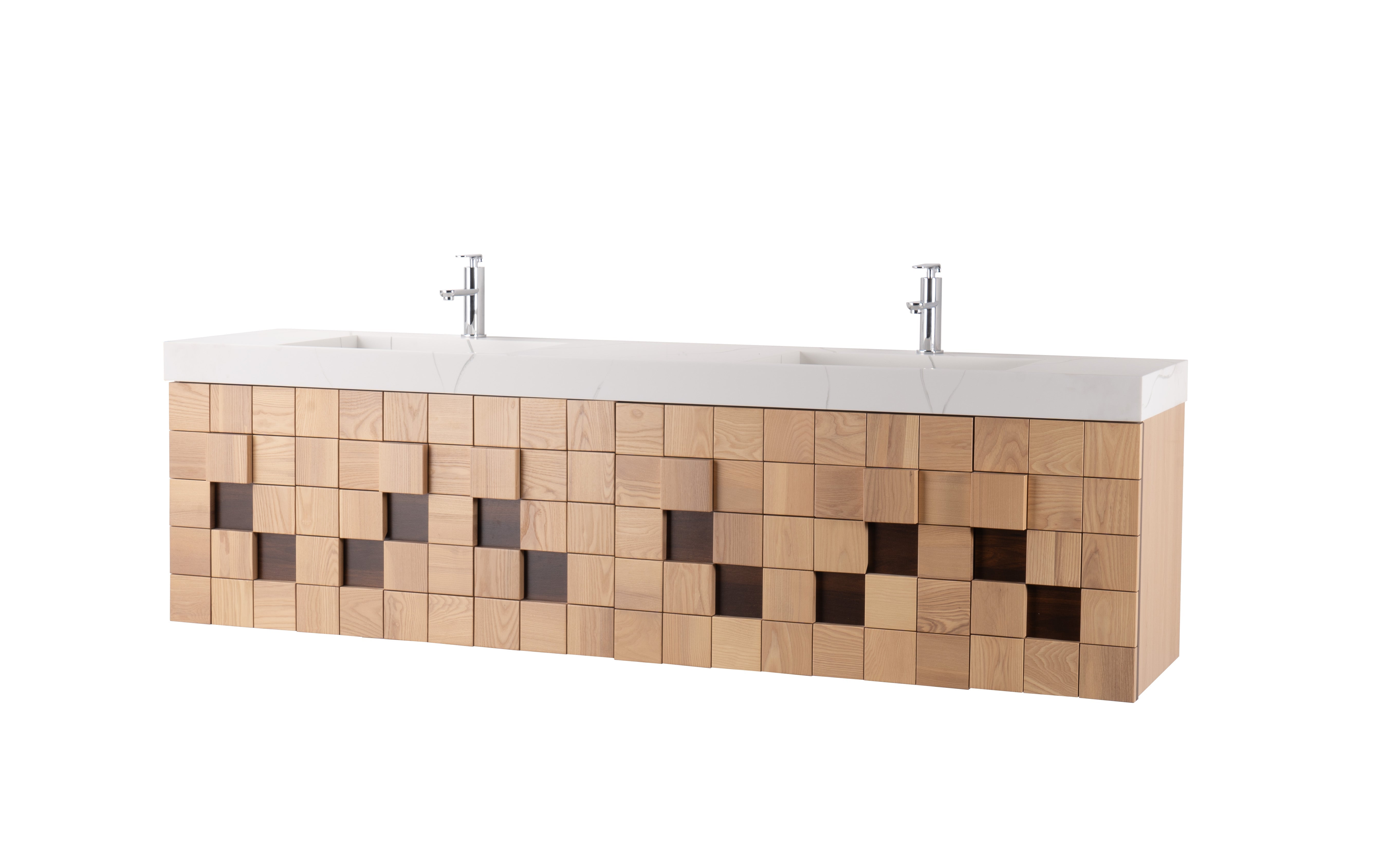 Darko 80 Double Natural Oak Cabinet, Solid Surface ORUS Sink, Wall Mounted Modern Vanity Set 