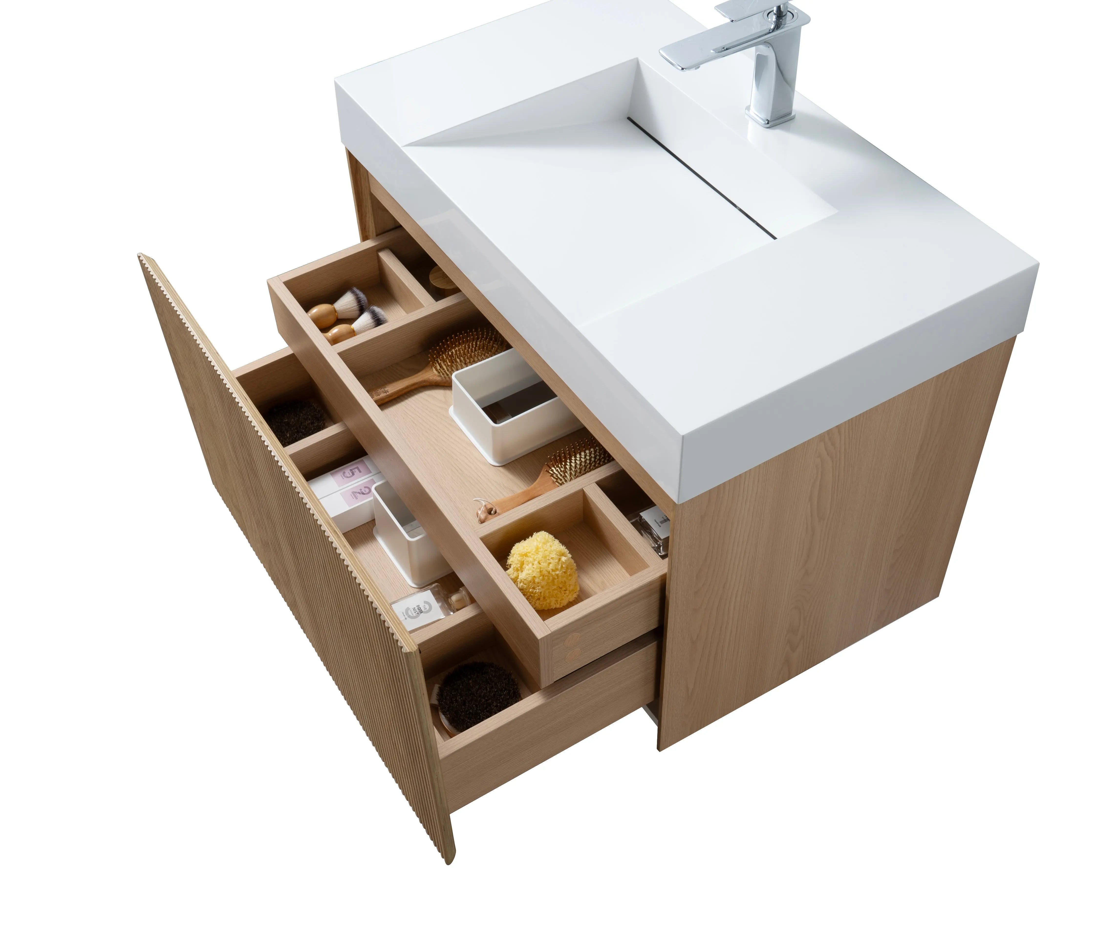 Miami 35.5 Natural Oak Cabinet, Infinity Cultured Marble, Wall Mounted Modern Vanity Set 