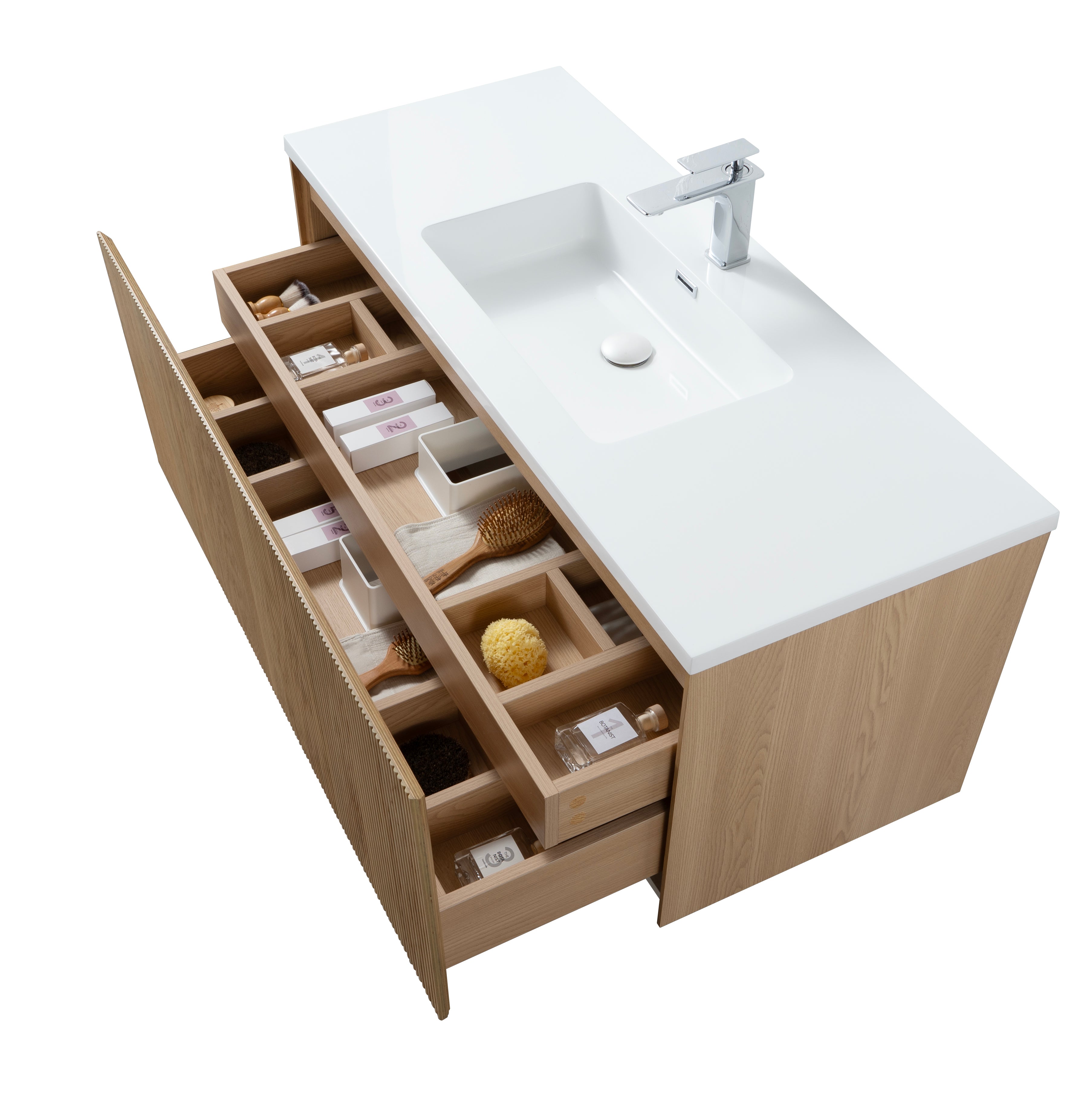 Miami 47.5 Natural Oak Cabinet, Square Cultured Marble Sink, Wall Mounted Modern Vanity Set Square Cultured Marble