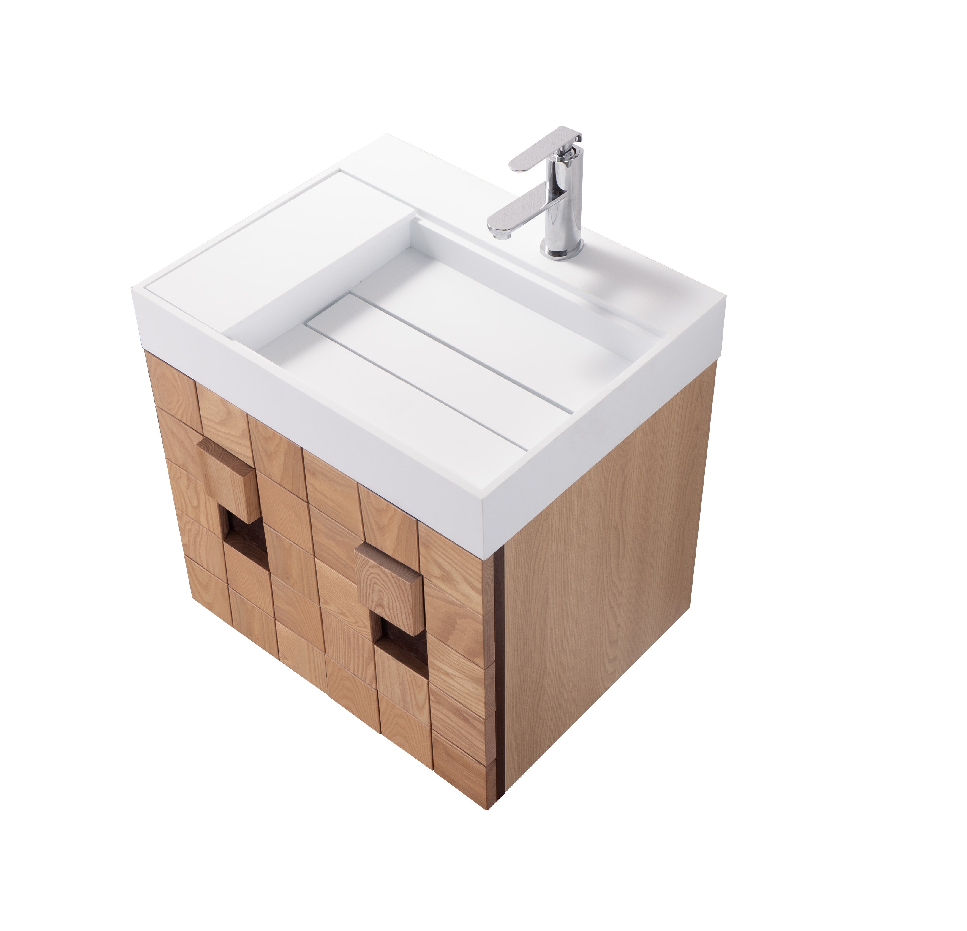Darko 23.5 Single Natural Oak Cabinet, Solid Surface ORUS Sink, Wall Mounted Modern Vanity Set 