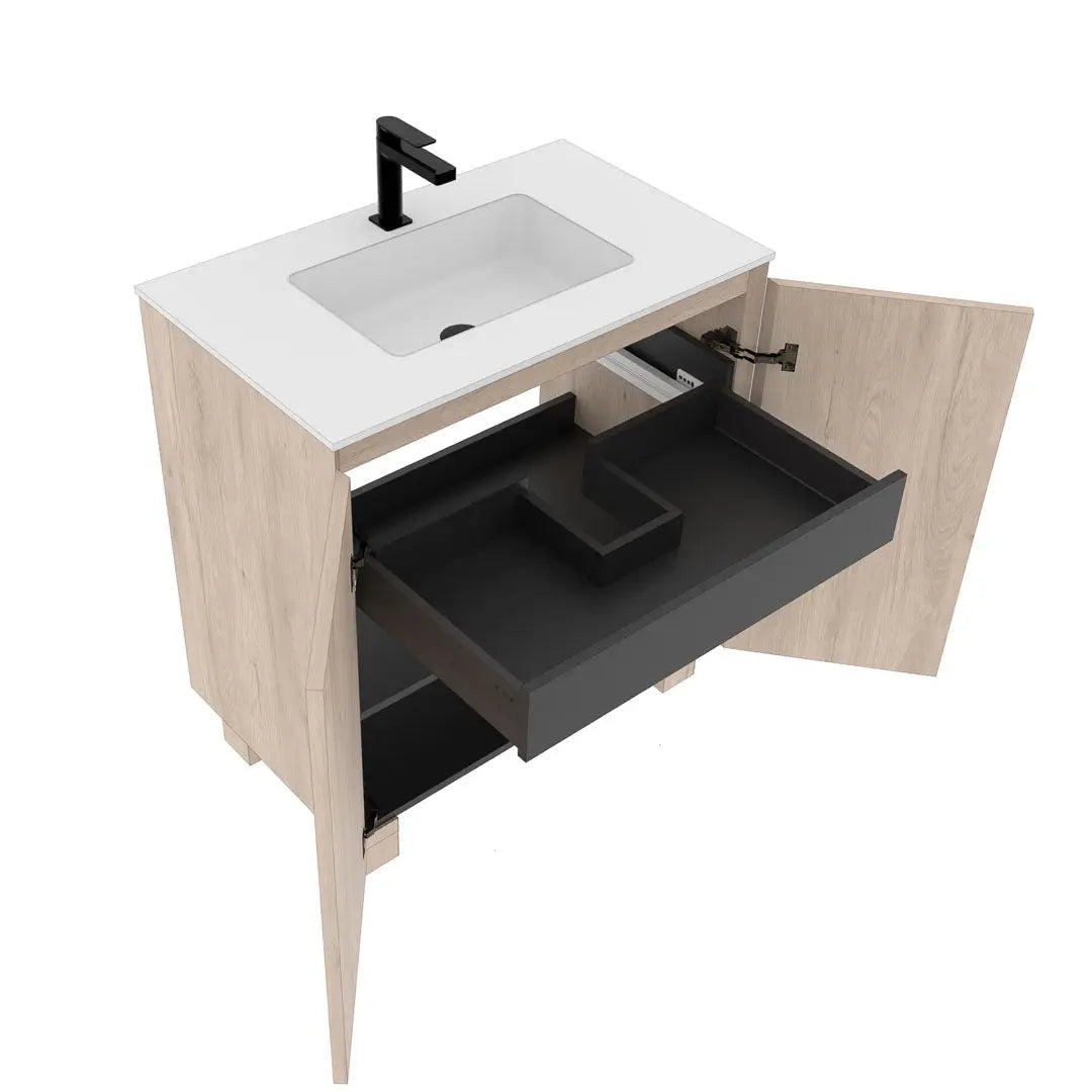 Dali 35.5 Single Natural Oak Cabinet, Acrylic Square Sink, Freestanding Modern Vanity Set 