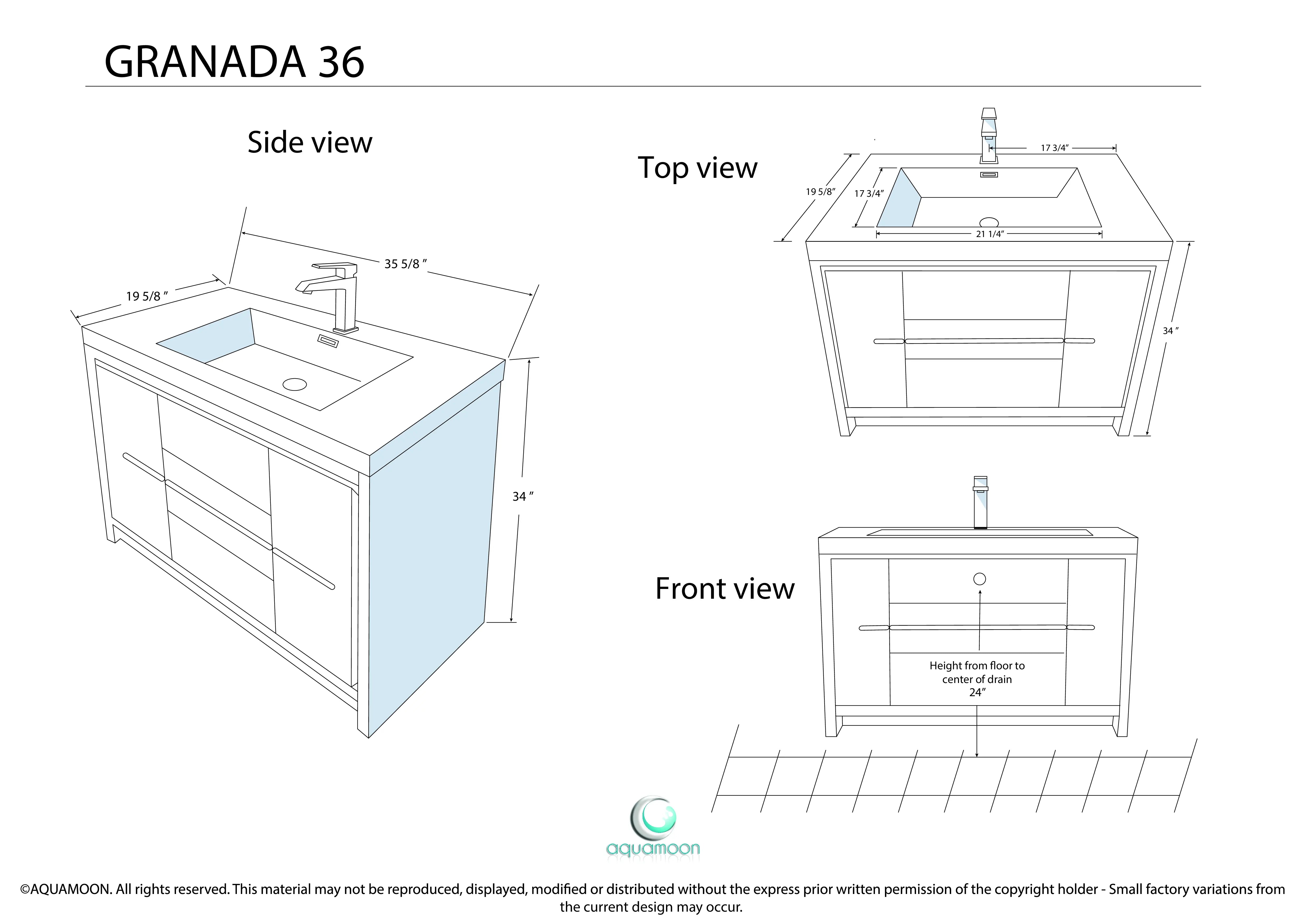 Granada 35.5 White High Gloss With Chrome Handle Cabinet, Square Cultured Marble Sink, Free Standing Modern Vanity Set 