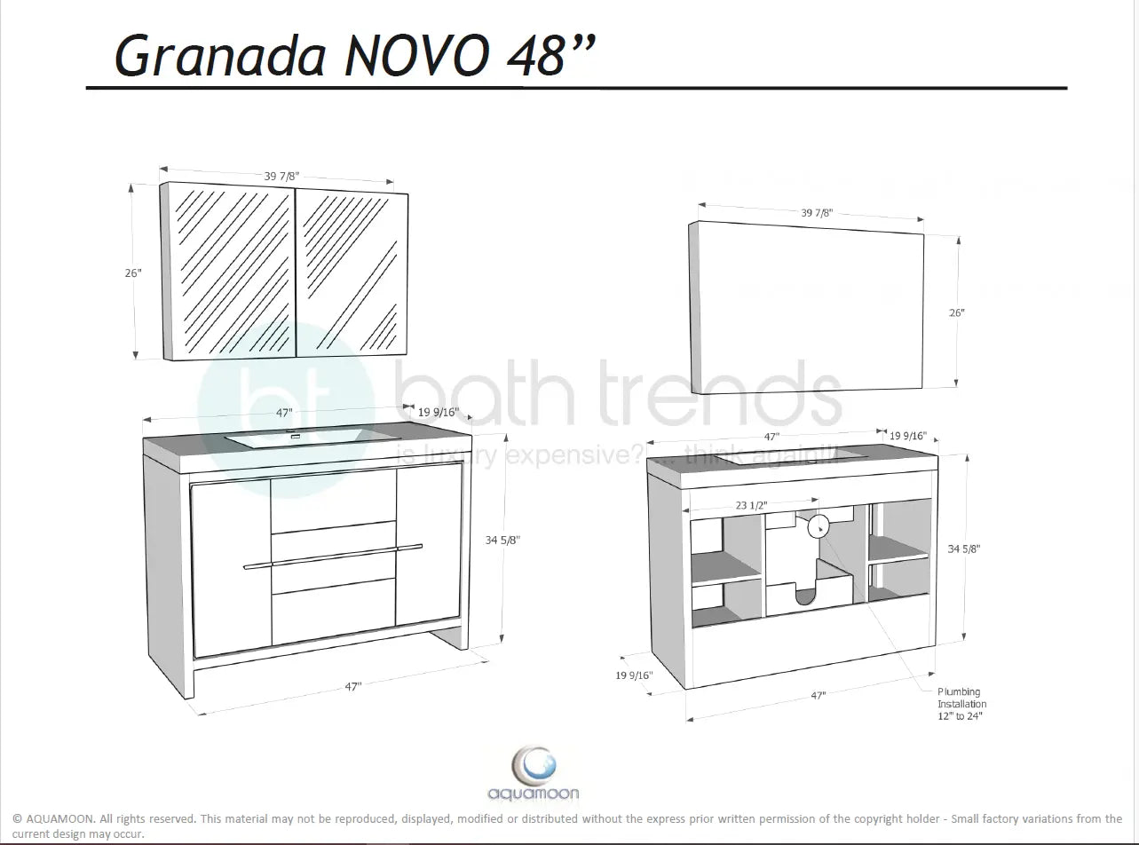 Granada 47.5 White High Gloss With Chrome Handle Cabinet, Square Cultured Marble Sink, Free Standing Modern Vanity Set 