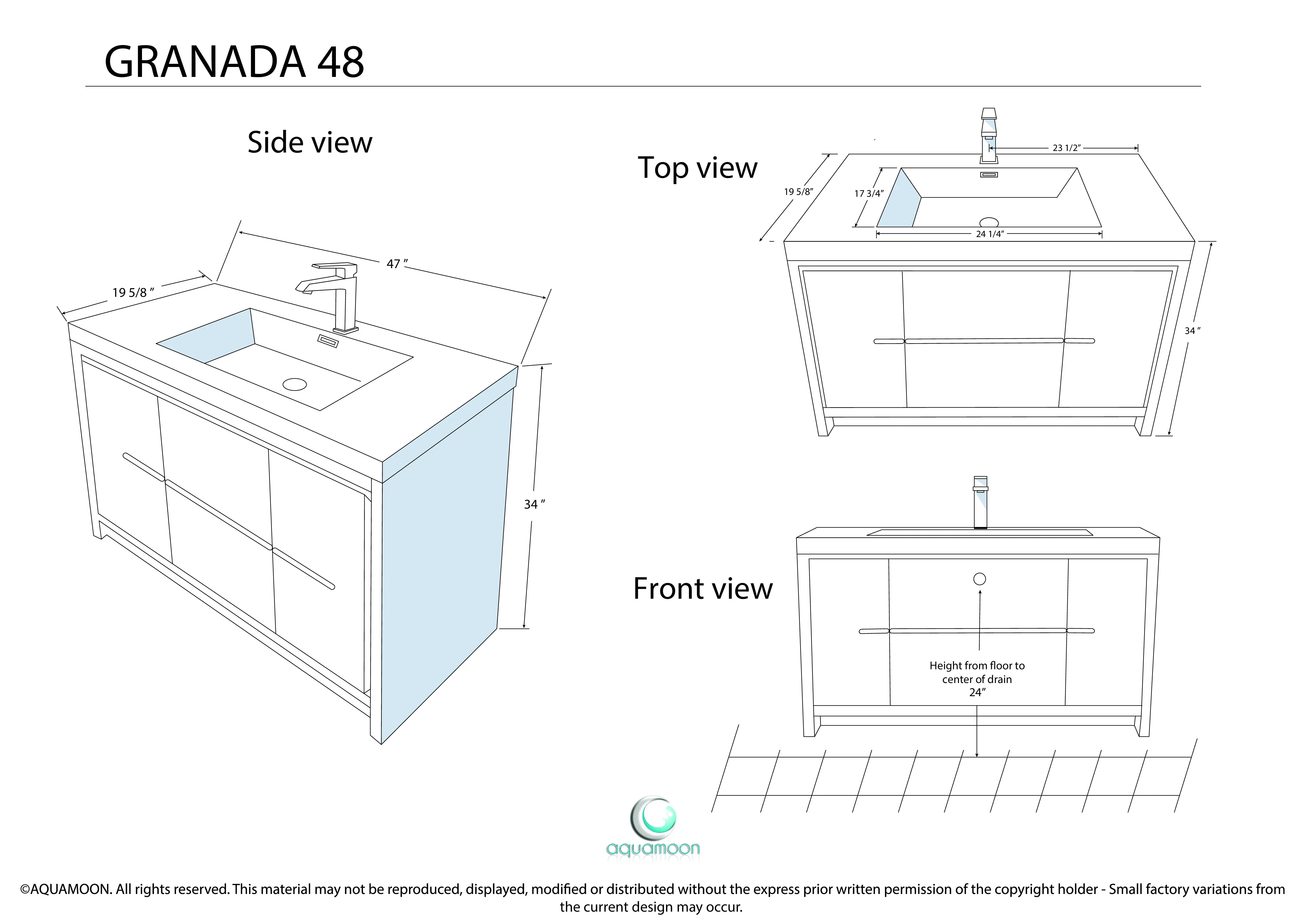 Granada 47.5 White High Gloss With Chrome Handle Cabinet, Square Cultured Marble Sink, Free Standing Modern Vanity Set