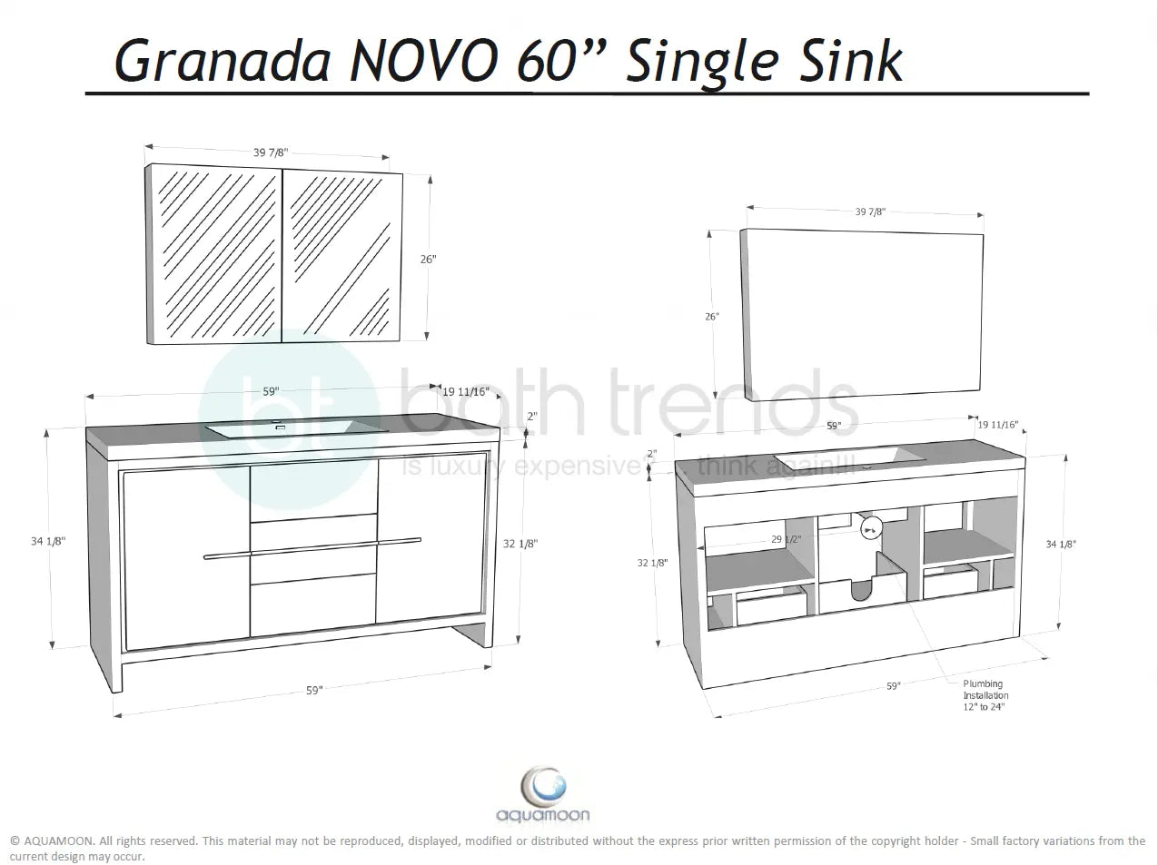 Granada 59 Nordic Green With Brush Gold Handle Cabinet, Square Cultured Marble Single Sink, Free Standing Modern Vanity Set 