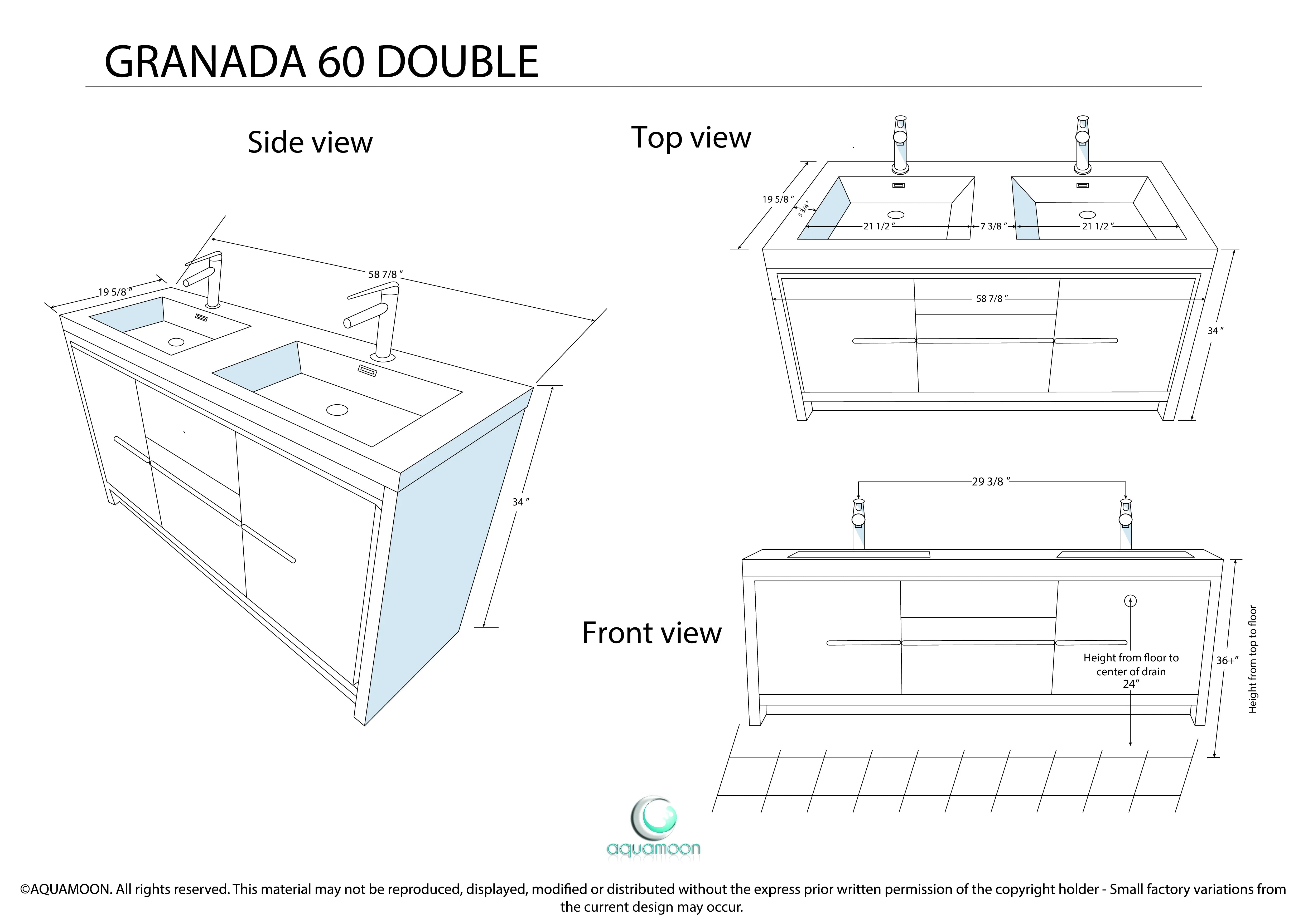 Granada 59 Brown Oak With Chrome Handle Cabinet, Square Cultured Marble Double Sink, Free Standing Modern Vanity Set