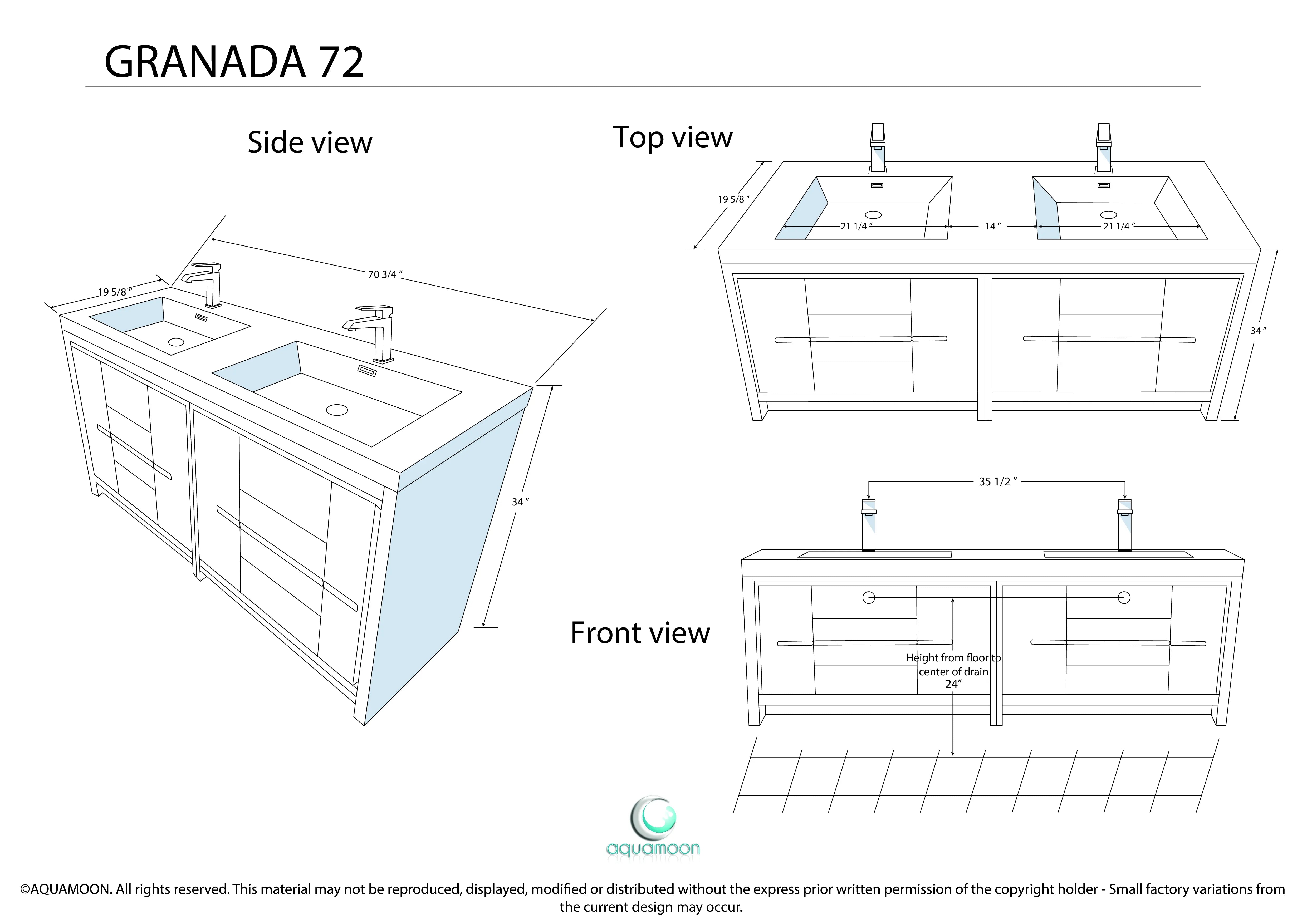 Granada 71 Brown Oak With Chrome Handle Cabinet, Square Cultured Marble Double Sink, Free Standing Modern Vanity Set