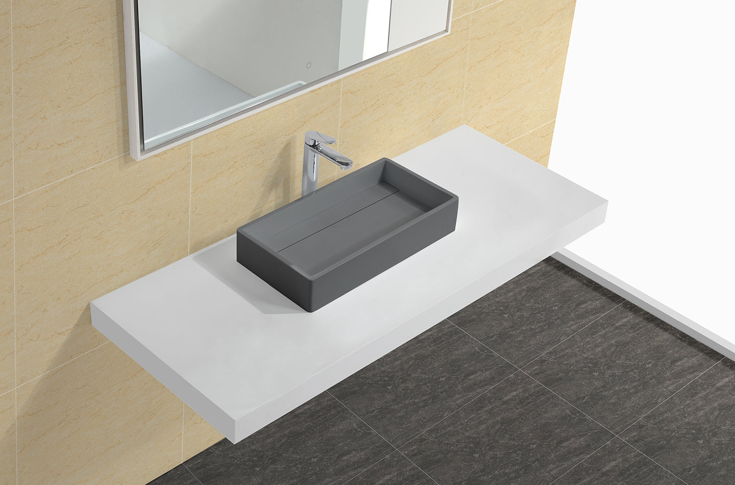 Aquamoon 1329 Grey Modern Rectangular Vessel Solid Surface Sink