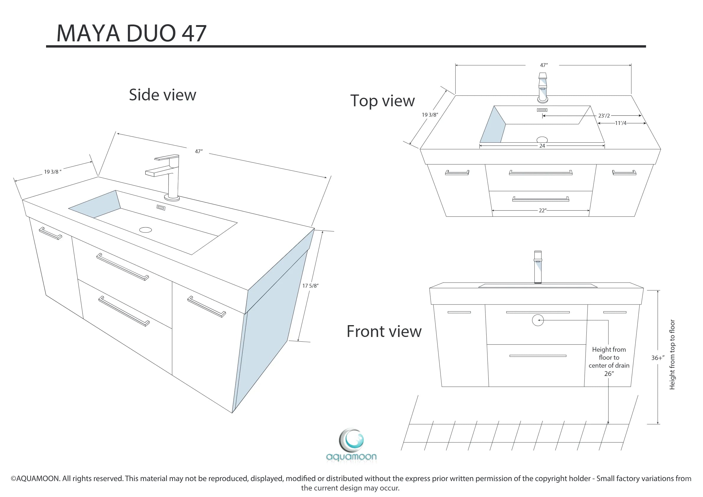Maya Duo 47.5 White High Gloss Cabinet, Square Cultured Marble Sink, Wall Mounted Modern Vanity Set