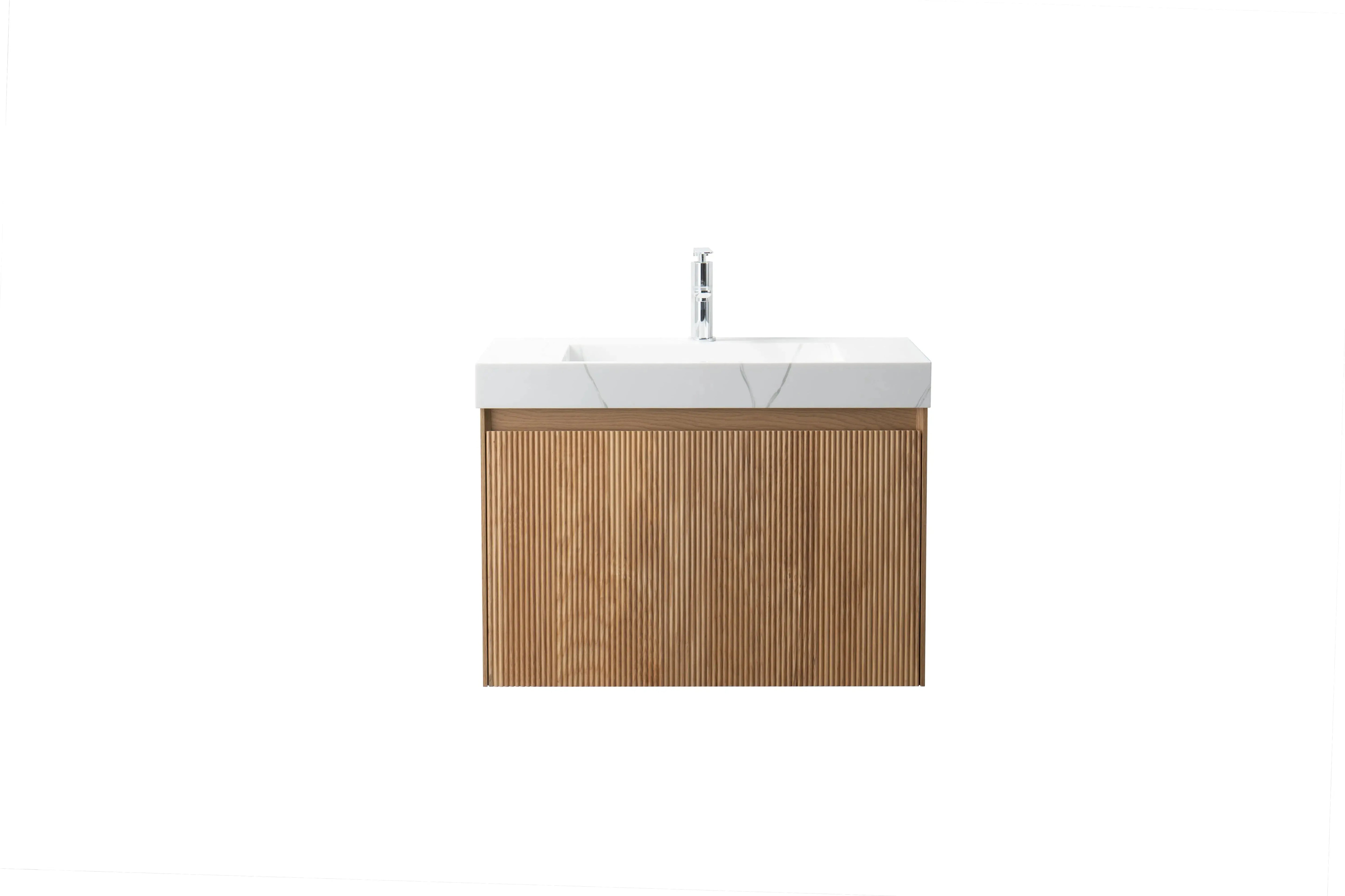 Miami 31.5 Natural Oak Cabinet, Solid Surface Carrara Infinity Sink, Wall Mounted Modern Vanity Set 