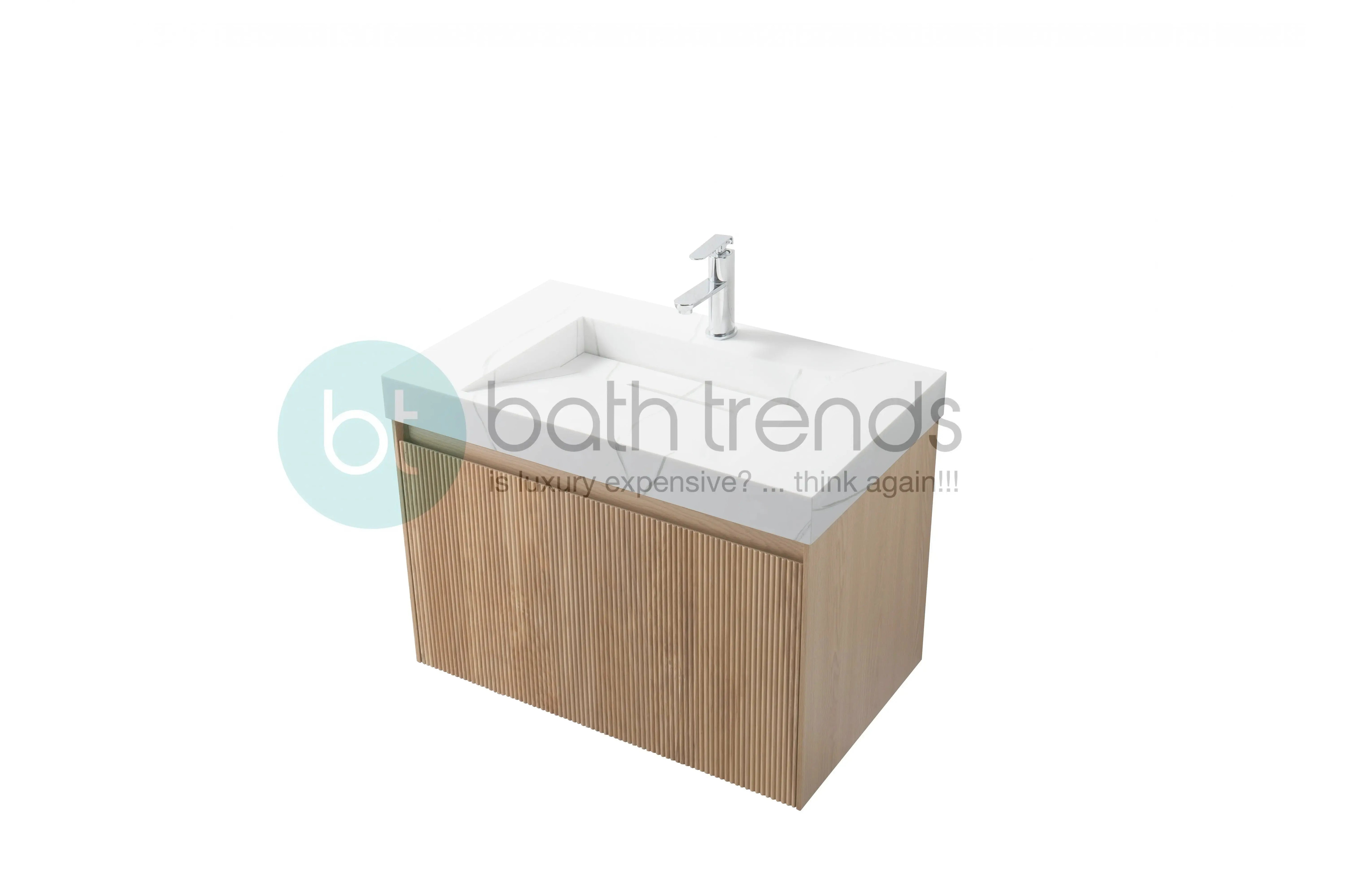 Miami 31.5 Natural Oak Cabinet, Solid Surface Carrara Infinity Sink, Wall Mounted Modern Vanity Set 