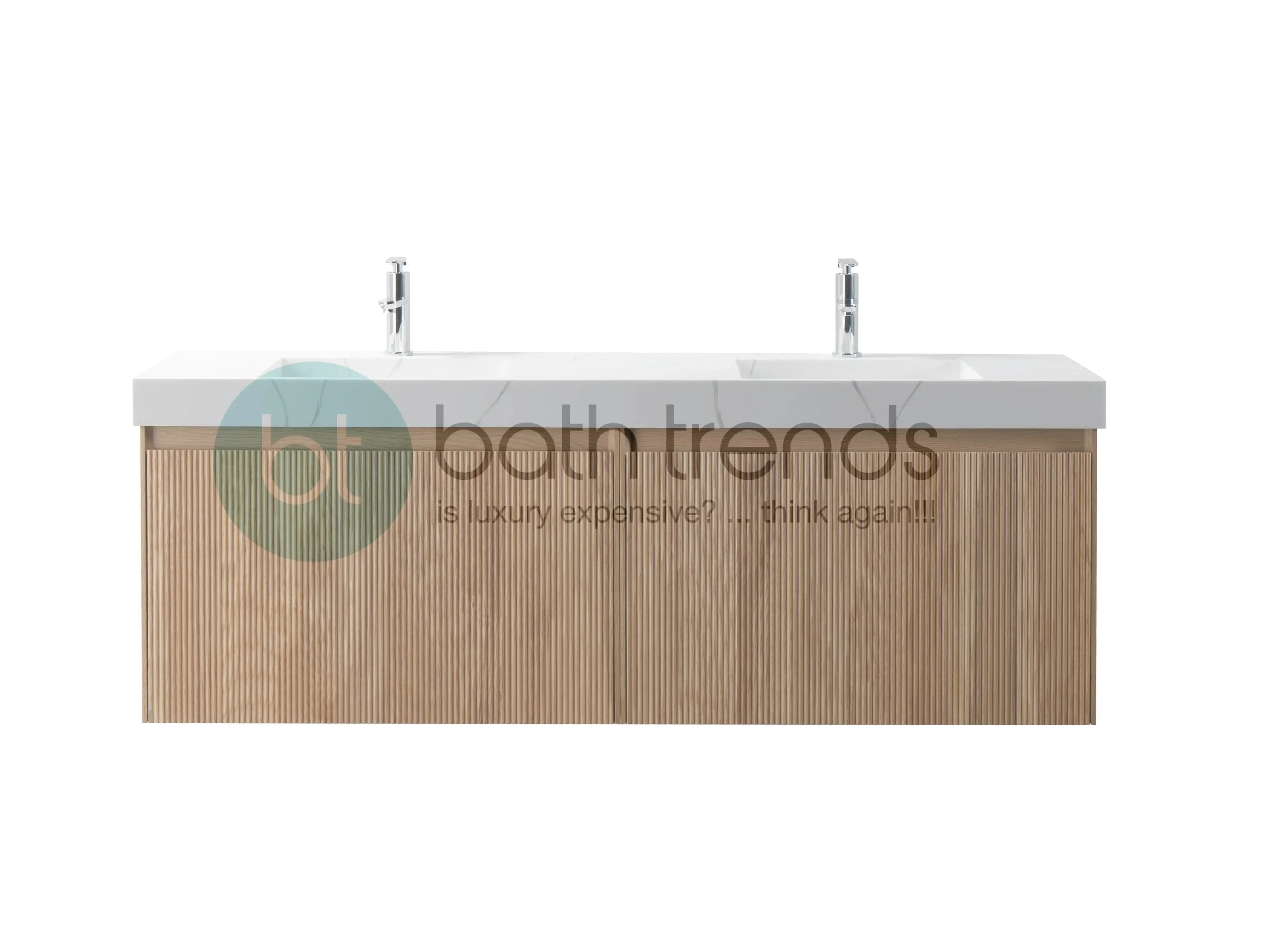 Miami 63 Double Natural Oak Cabinet, Solid Surface Carrara Infinity Sink, Wall Mounted Modern Vanity Set 