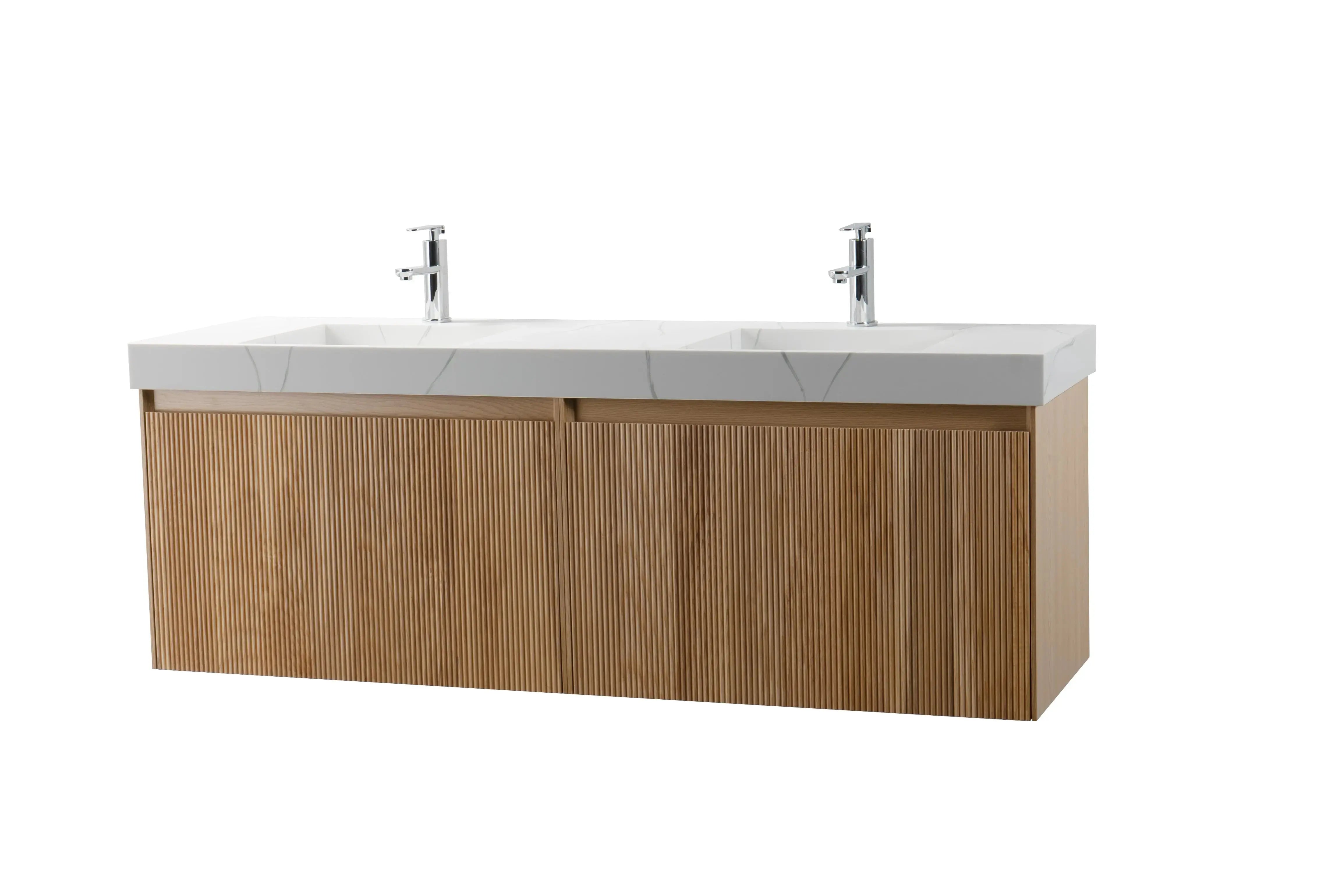 Miami 63 Double Natural Oak Cabinet, Solid Surface Carrara Infinity Sink, Wall Mounted Modern Vanity Set 