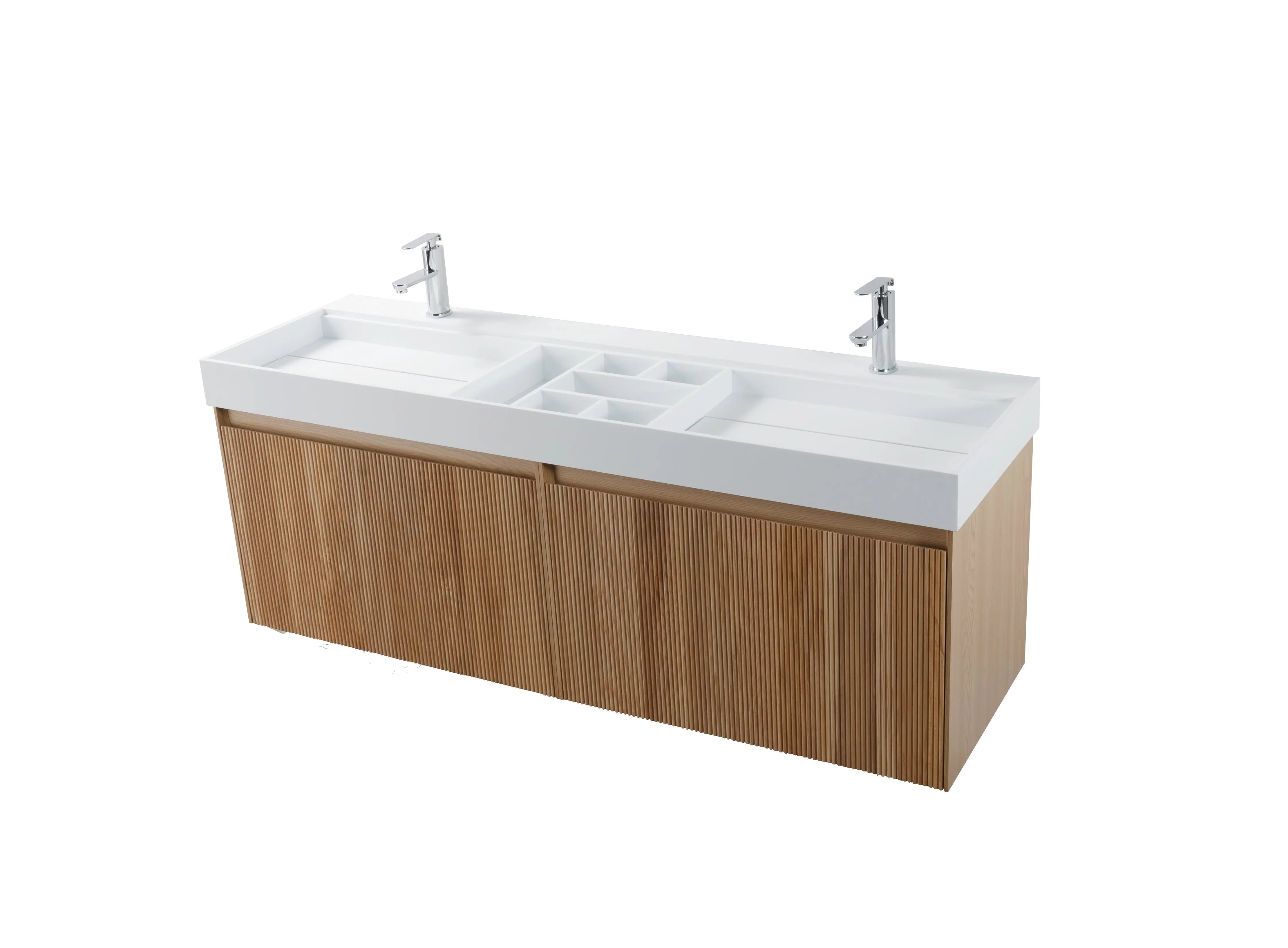 Miami 63 Double Natural Oak Cabinet, Orus Solid Surface Sink, Wall Mounted Modern Vanity Set (Copy) 