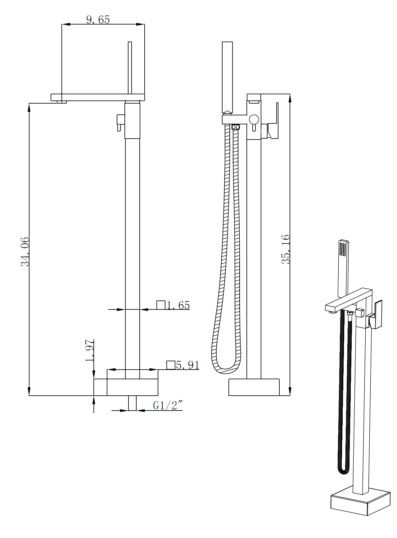 Aquamoon Milan Square Floor Faucet, Single Lever Bath Tub Filler Wiith Hand Held Matte Black Finish Bath Trends USA