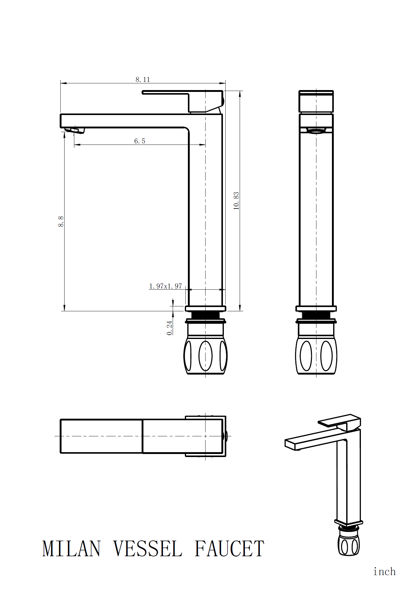 Aquamoon Milan Collection Single Lever Bathroom Vessel Faucet Matte Black Finish