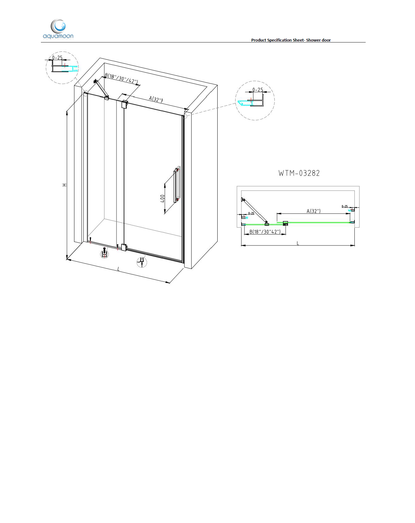 Aquamoon Mirage Semi Frameless Shower Door  W 72 x H 76, One Fix Panel and One Swing Door, Chrome Finish